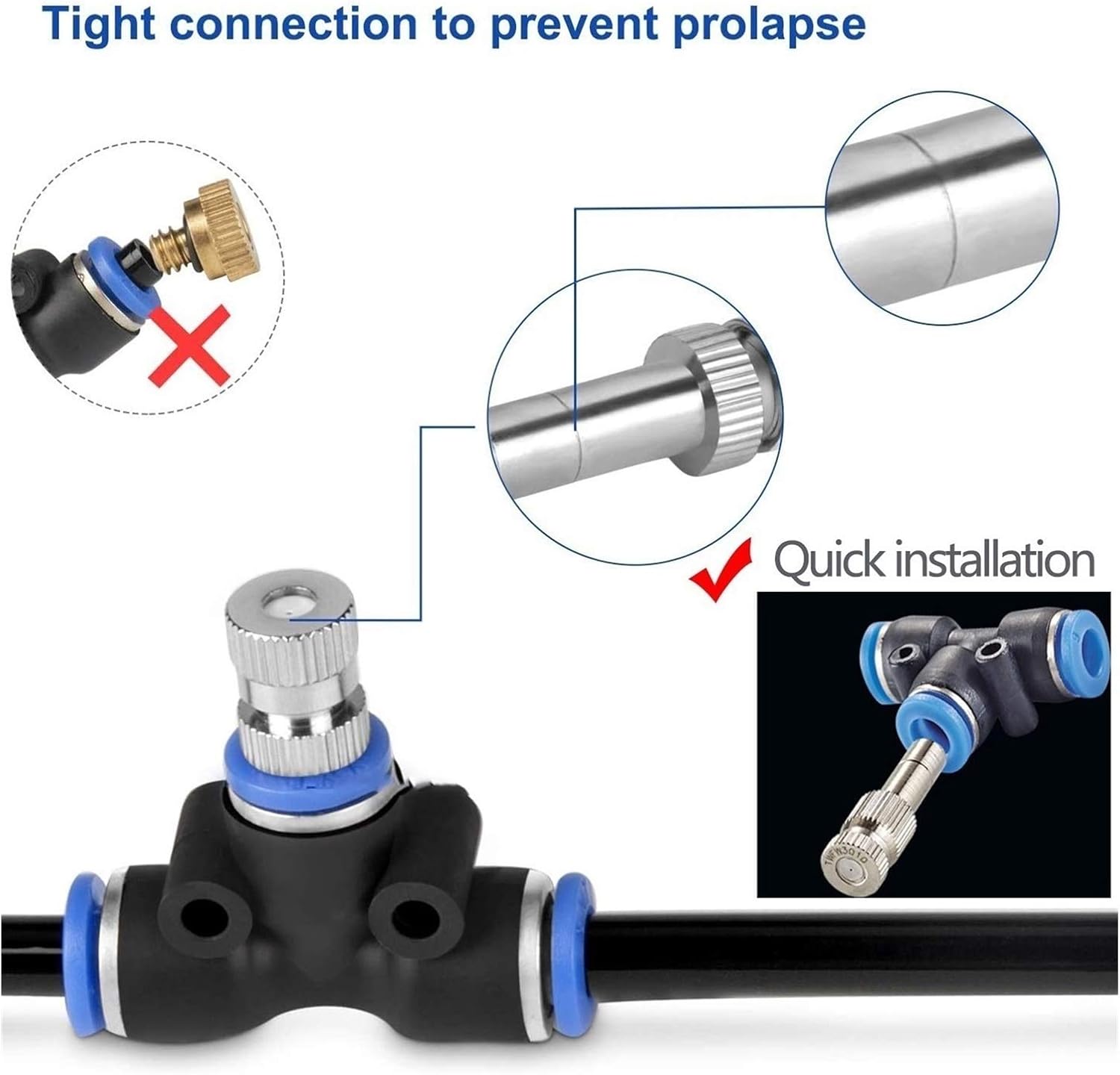 6mm Quick Connect Mister Heads, Misting Nozzles for Cooling System, Water Mister Nozzles with Tees, Stainless Steel Sprinkle Fog Nozzles for Patio Garden 0.004-0.024Inch Sprayer Irrigation Tool Kit