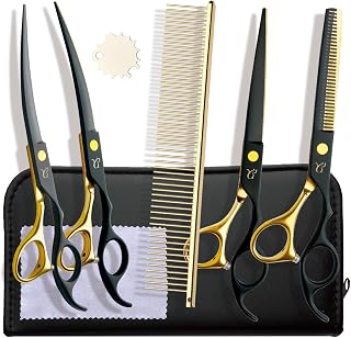 CITYWISH 5-in-1 Dog Grooming Scissors Kit: Paint-Coated Curved, Thinning & Straight Scissors with Safety Round Tips