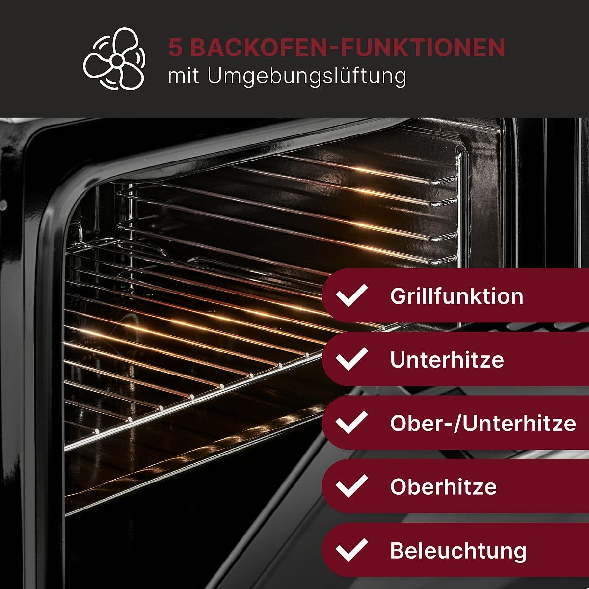 Bomann EHBC 7935 IX Einbaubackofen 61L mit Ceranfeld 60cm 4 Kochfelder Grill Ober-/Unterhitze 50-250°C Glastür 3-Fach verglast Inox