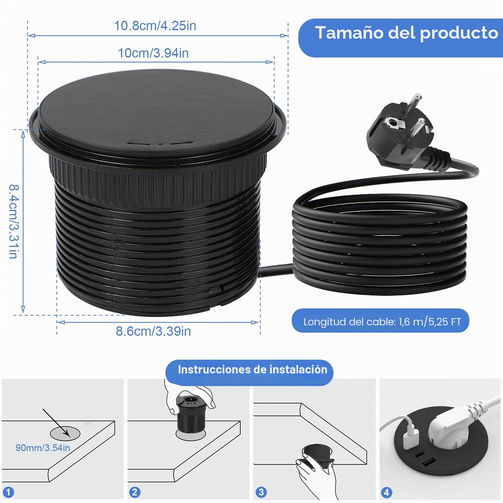 Toma de corriente empotrada con cubierta, toma de mesa con 1 Schuko y 1 conector USB-A y 1 conector USB-C y cable de alimentación de 1,5 m, tomas de orificio de mesa de 80 mm