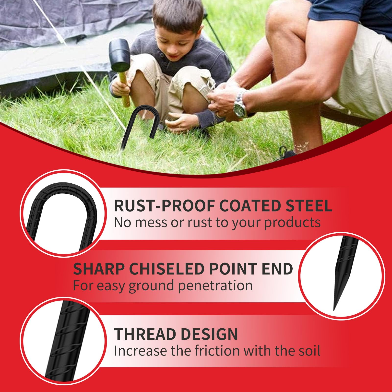 Picchetti in metallo nero con gancio a J extra resistente, lunghi 30,5 cm, picchetti da 6,35 mm in acciaio verniciato antiruggine, ancoraggi da giardino, picchetti in metallo per tenda, trampolino
