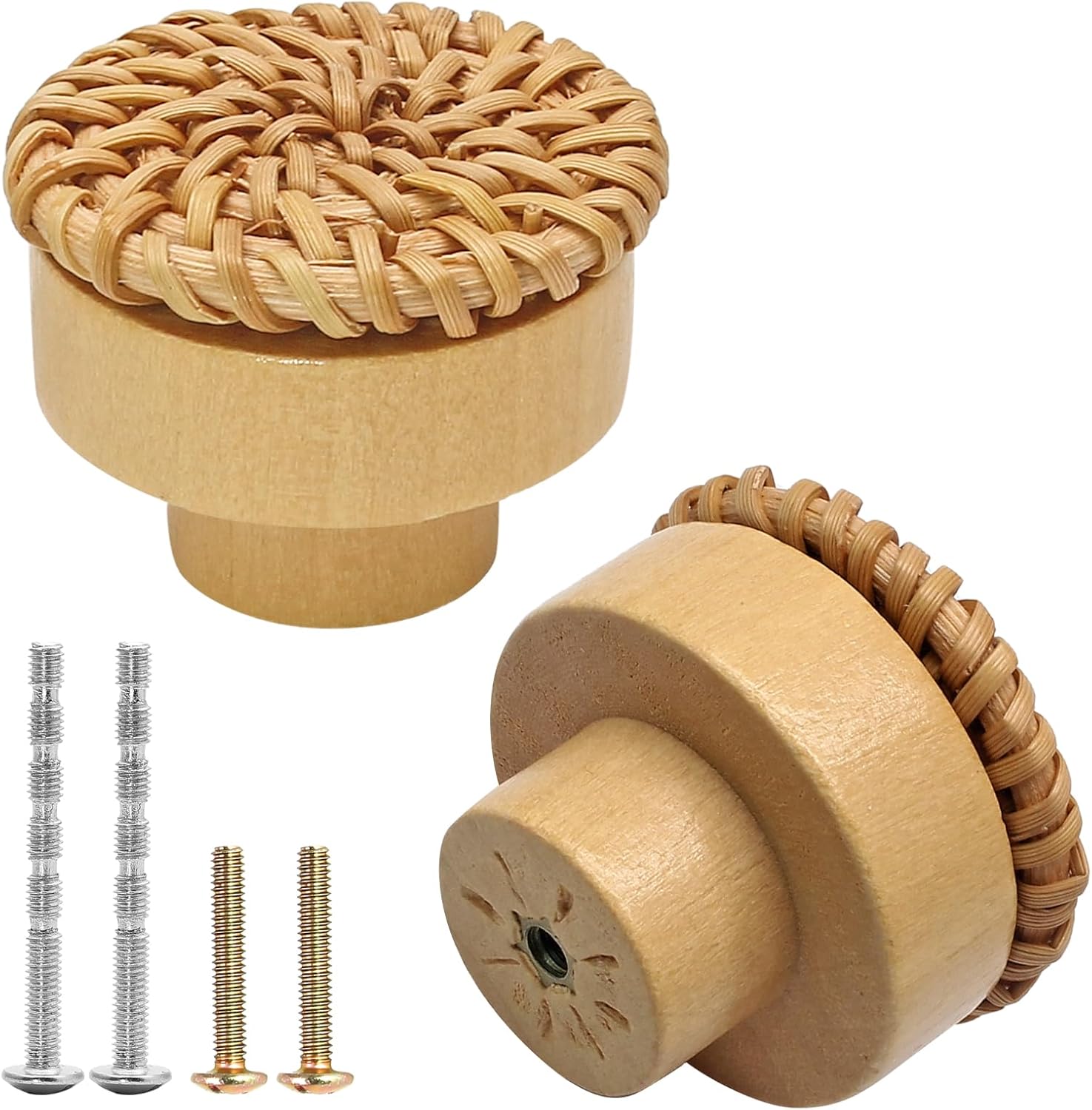12 Pcs Boho Rattan Knobs, Handmade Boho Wicker Woven Decorative Pulls Handles with 2 Sizes Screws, Wooden Knobs for Dresser, Drawers, Cabinet (Beige)