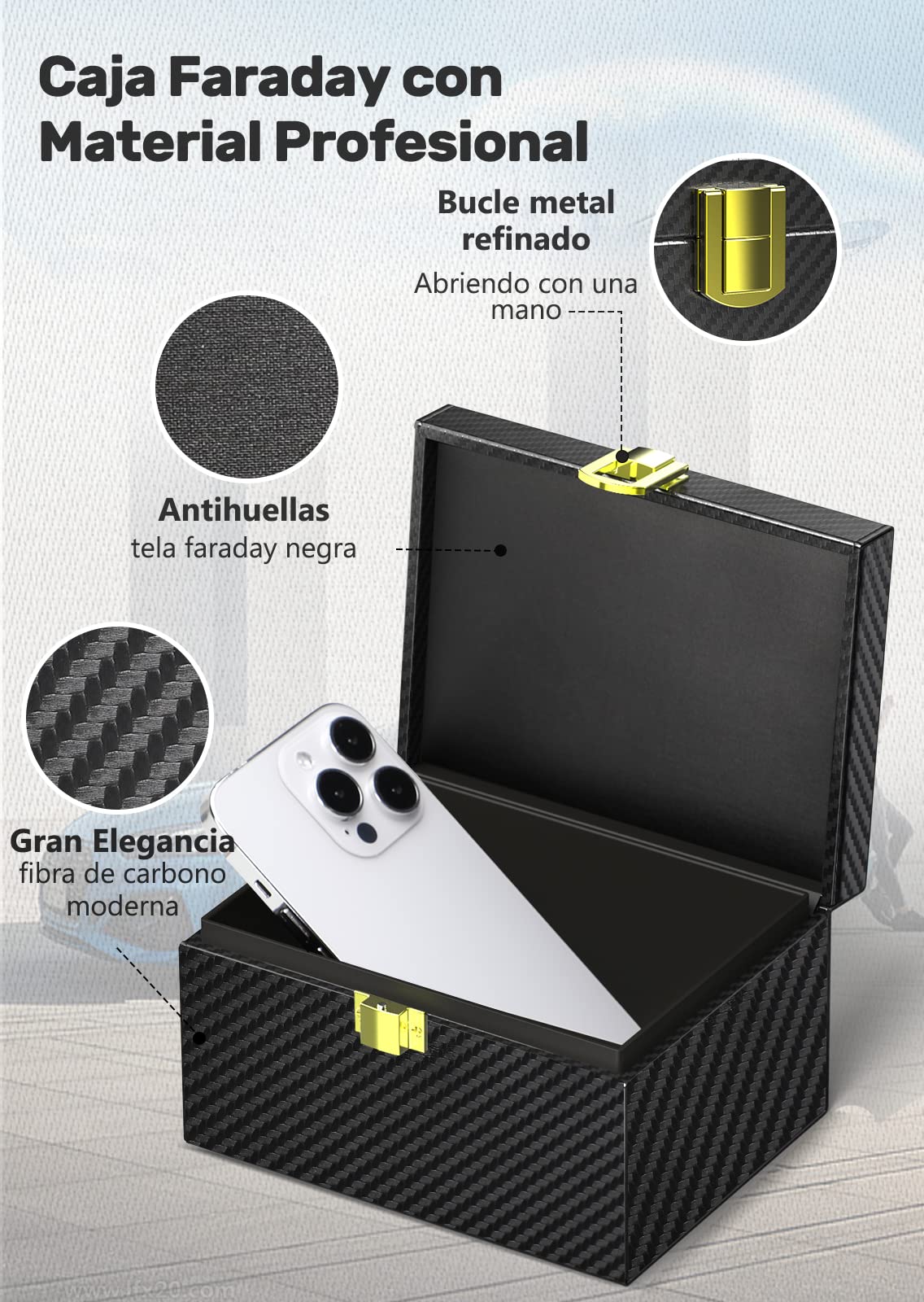 Caja Faraday Antirrobo & 2 funda Faraday para Llaves de Coche, Bloqueadora de RFID Bloqueo Señal Llaves Keyless en Cuero Fibra de Carbon Negro