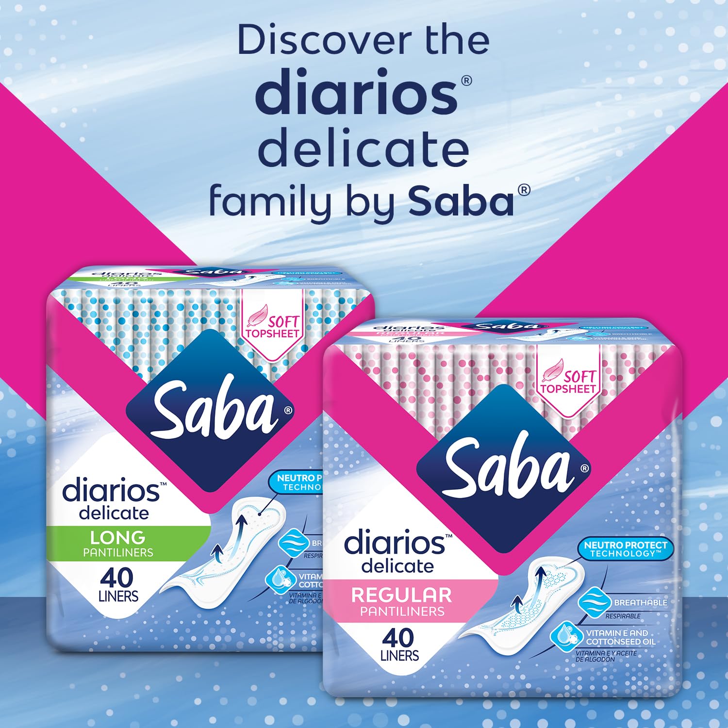 SABA Diarios Regular Delicate Pantiliners, Unscented, Breathable & Comfortable for Everyday Freshness, 10-Pack of 40 Pads (400 Count)