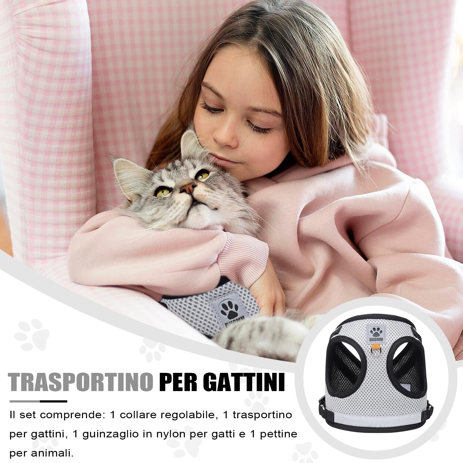 Pettorina e Guinzaglio per Cani, Pettorina Riflettente per Cuccioli, Set di imbracatura e guinzaglio per cuccioli, gatti e gattini (Grigio, S)