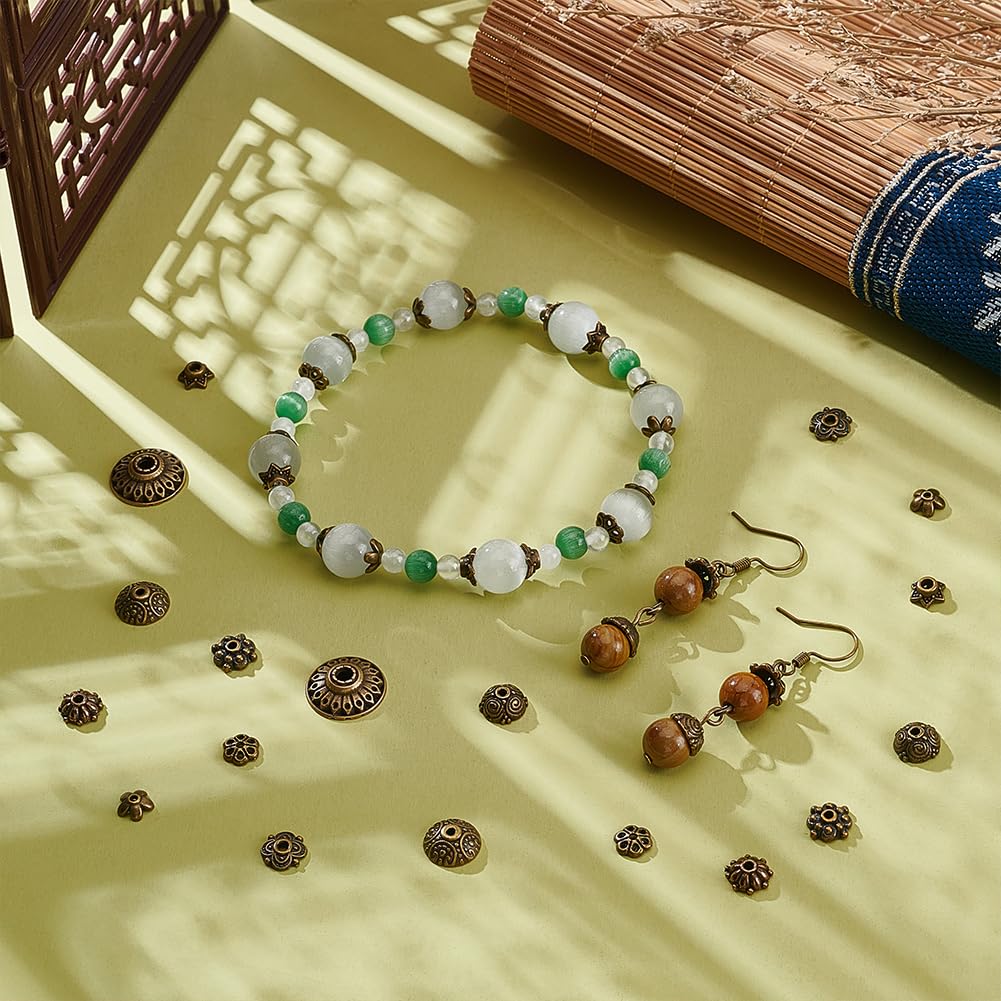 UNICRAFTALE 198Pcs 9 Styles Bead Caps Metal Bead End Caps Cover Tibetan Style Vintage Filigree Flower Bead Caps Antique Bronze Spacer Cap Beads for Earring Necklace Bracelet Jewelry Making