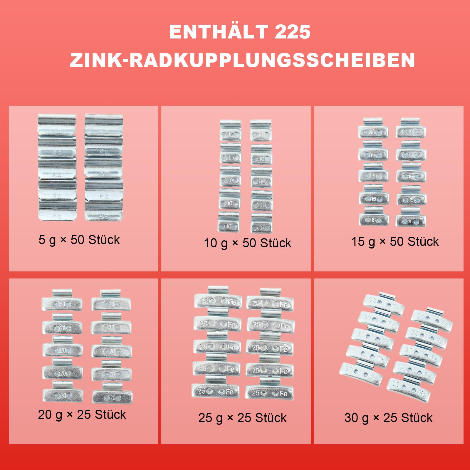 225x Schlaggewichte STAHLFELGEN Sortiment 5-30g Auswuchtgewichte Wuchtgewichte Sortiment 225 Stück (je 50 von 5g, 10g, 15g, sowie je 25 von 20g, 25g und 30g)