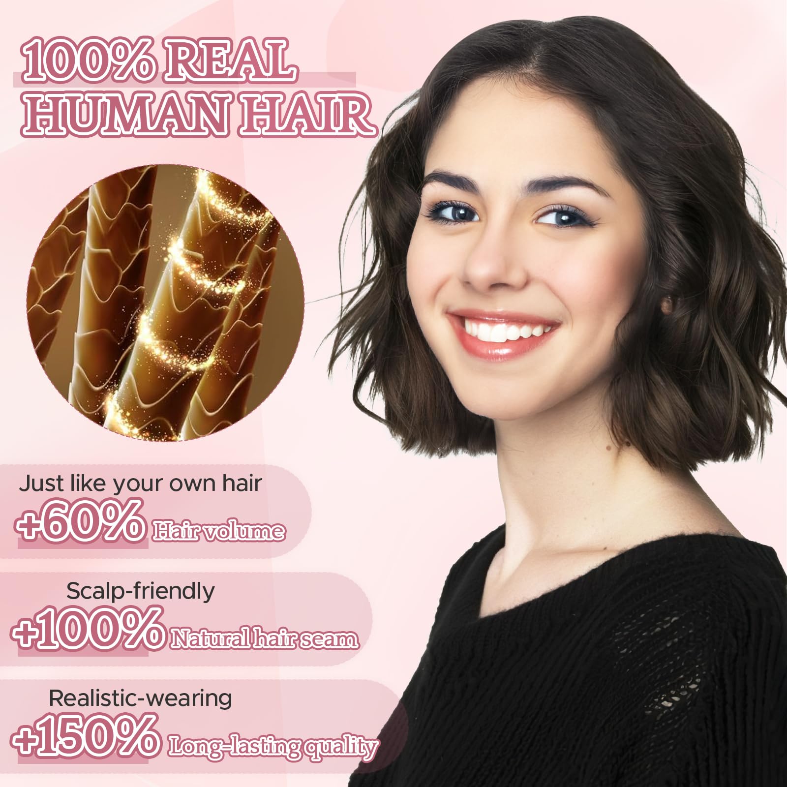 SEGOHAIR Echthaar Hair Topper für Frauen mit Seitenpony - 21g Handgebunden Basis Haar Topper Atmungsaktives Tüllnetz Spitze Basis 100% Echtes Haar Clip in Topper Mokkabraun