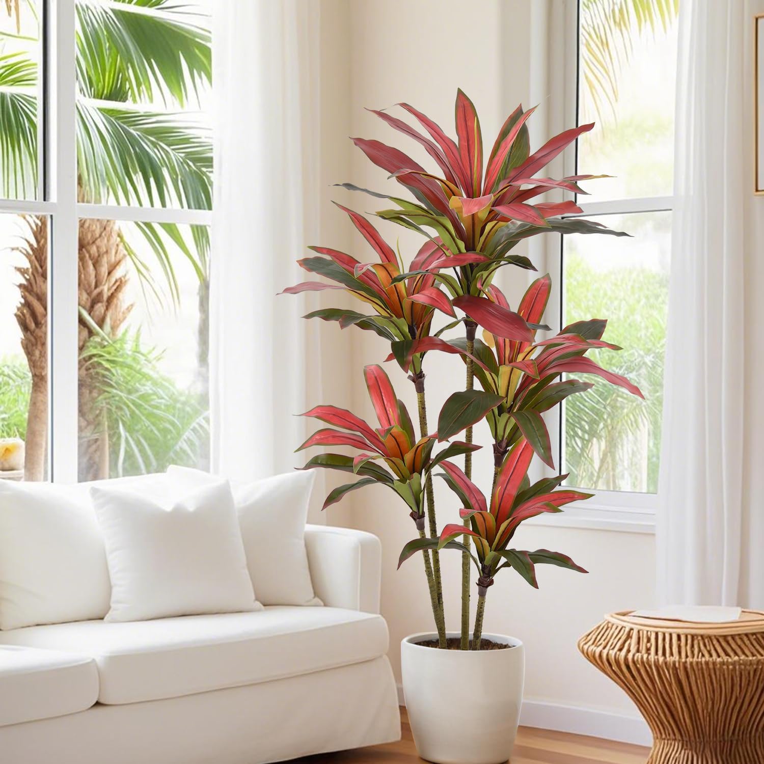 Artificial Dracaena Tree 5ft(60in) Tall Large Faux Silk Plants with Realistic Trunks and Red Leaves, Fake Floor Potted Artificial Plants for Home Office Indoor Decor (5feet,1Pack) - Image 3