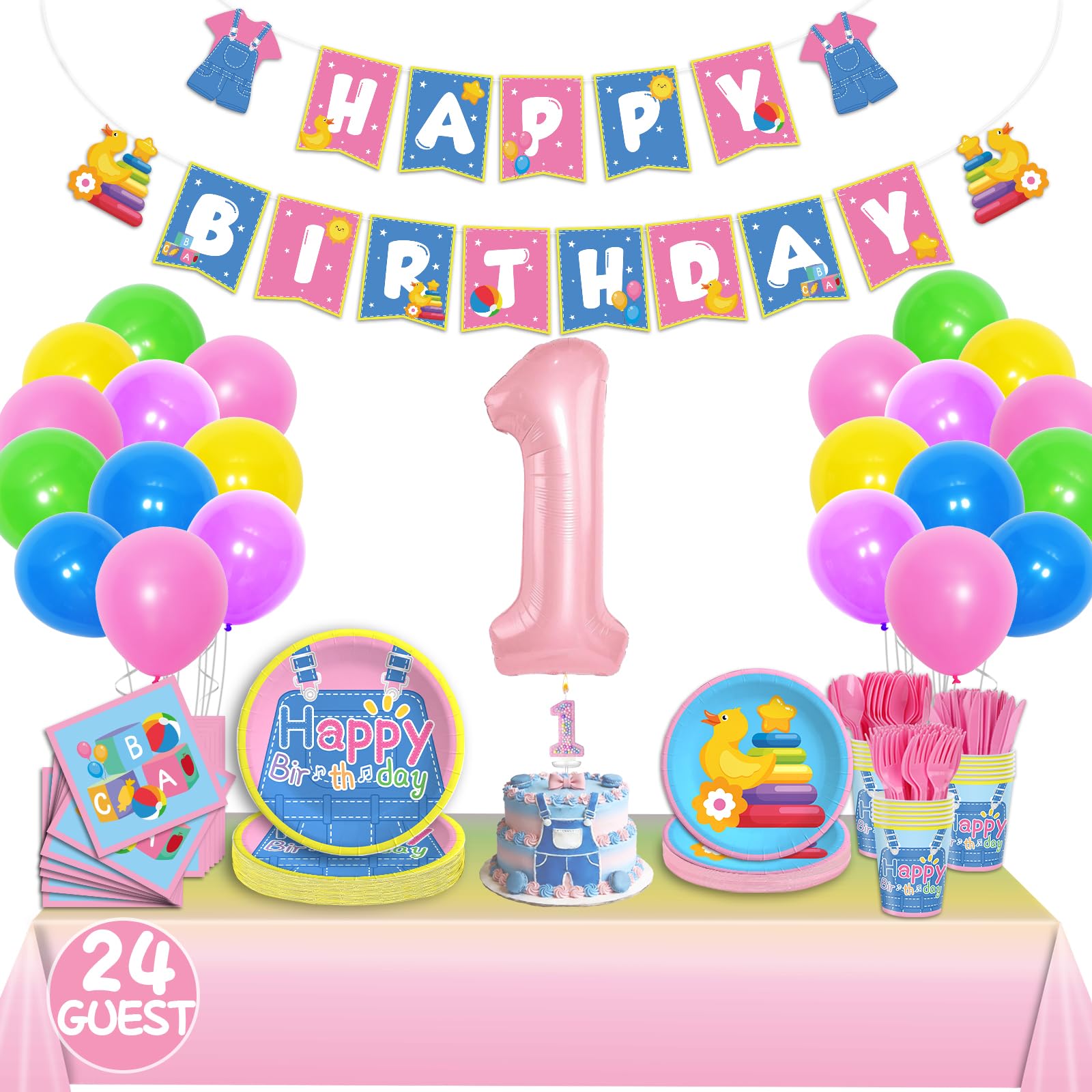 English Teacher Party Supplies, Fufuddz Rainbow Birthday Decorations Cartoon Teacher Party Plates and Napkins for Girls Boys 1st Birthday Banner