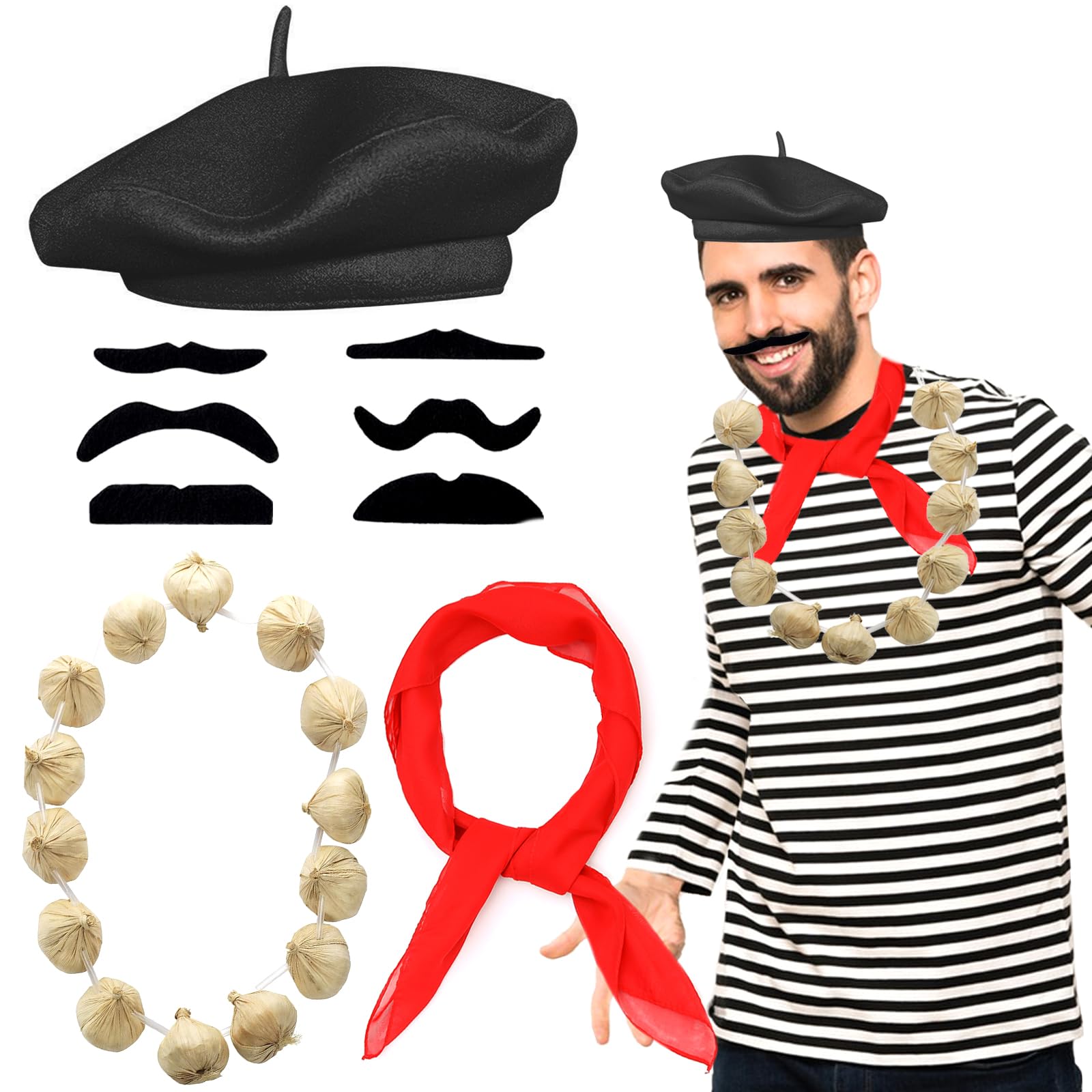 Beamely French Men's Set - Fancy Dress Costume Accessories Kit with Red Beret, Moustache Scarf, Garlic Necklace for Cosplay & Party Supplies - Black