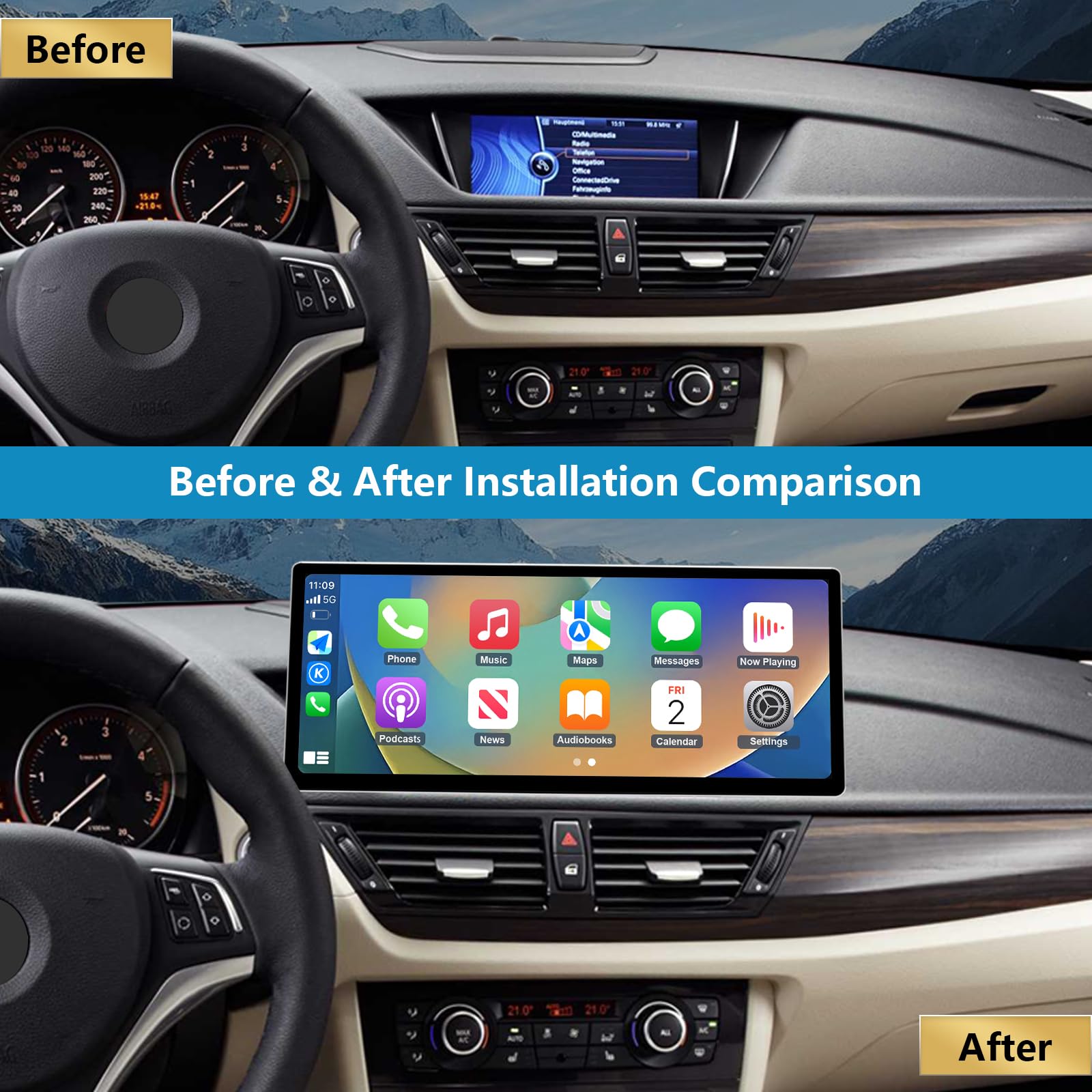 Radio samochodowe 12,3-calowy ekran dotykowy z bezprzewodową funkcją Carplay i Android Auto do BMW serii X1 E84 z lat 2009-2015 z systemem CIC, obsługuje Mirrorlink, kamerę, nawigację