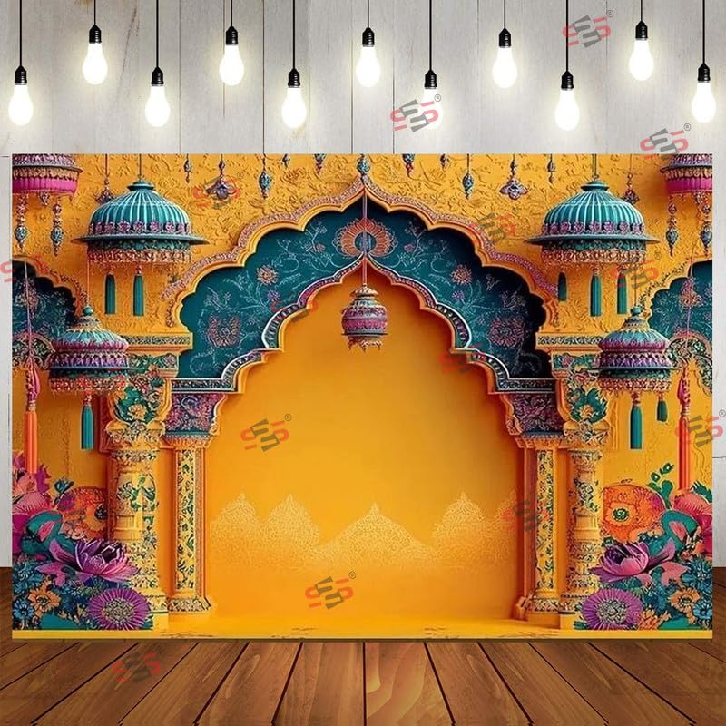 Image of S2S Yellow Arch Backdrop Cloth for Pooja Decoration Traditional, Background Decoration Cloth | Curtain Cloth for All Festival, Functions & Ceremonies - (5 x 8 Feet) (Yellow Arch)