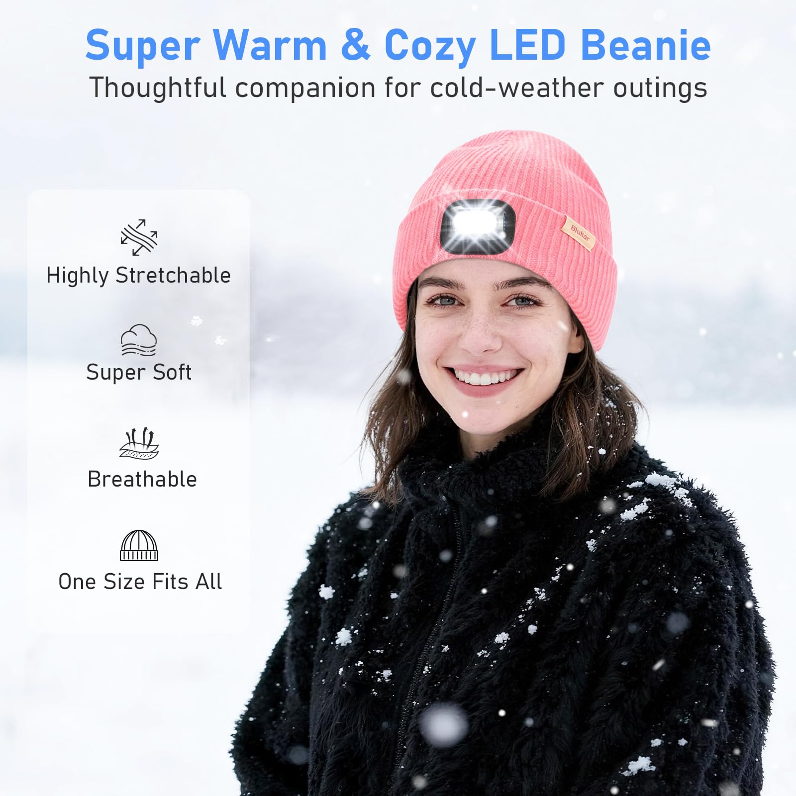 Blukar LED Cappello Illuminato con Luce, 2 in 1 Super Luminoso Cappello Berretto da Corsa, 5 Modalità,Ricaricabile, Caldo Invernale Torcia Lampada Luce Frontale Regalo per Uomo e Donna,Fascia Inclusa