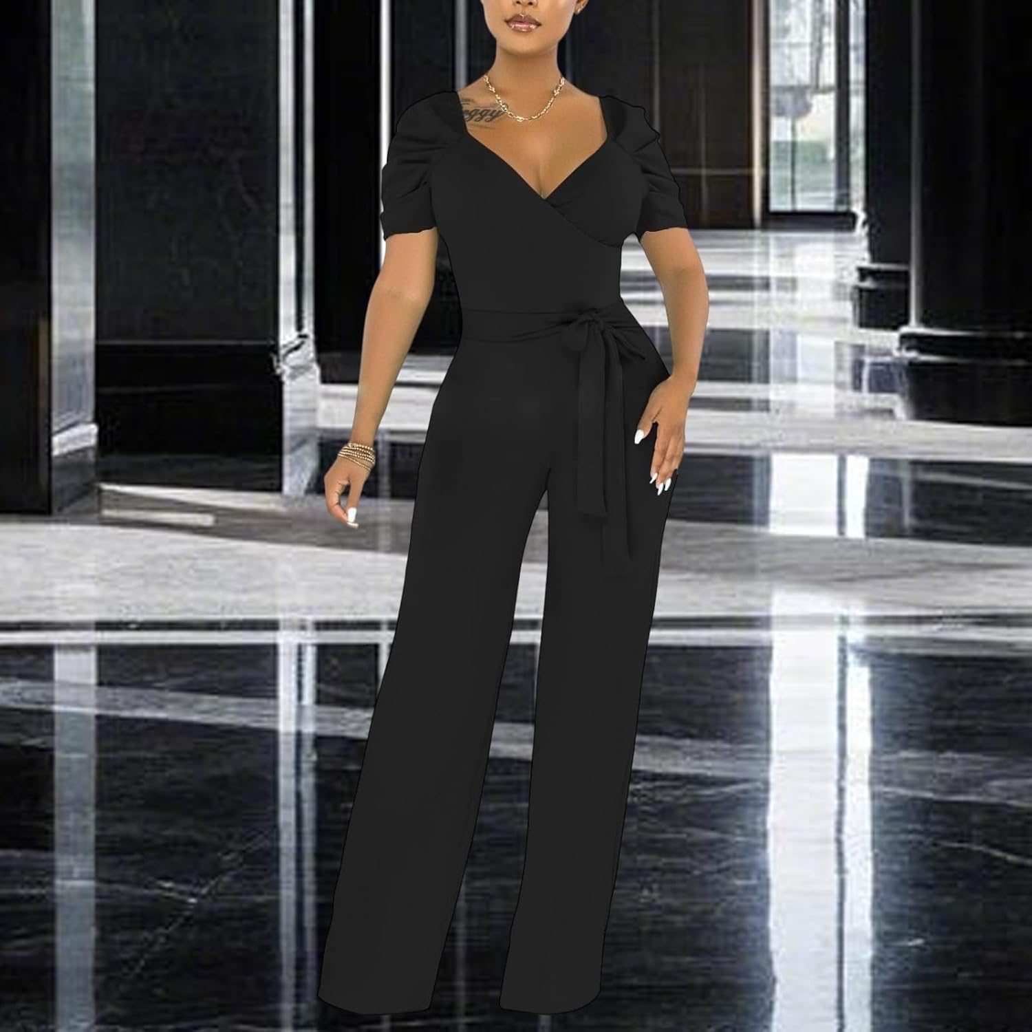 PaladMom Womens Elegant Plus Size Jumpsuits Sexy Back zipper Short Sleeve Mid Waist Wide Leg Straight Rompers - Image 8