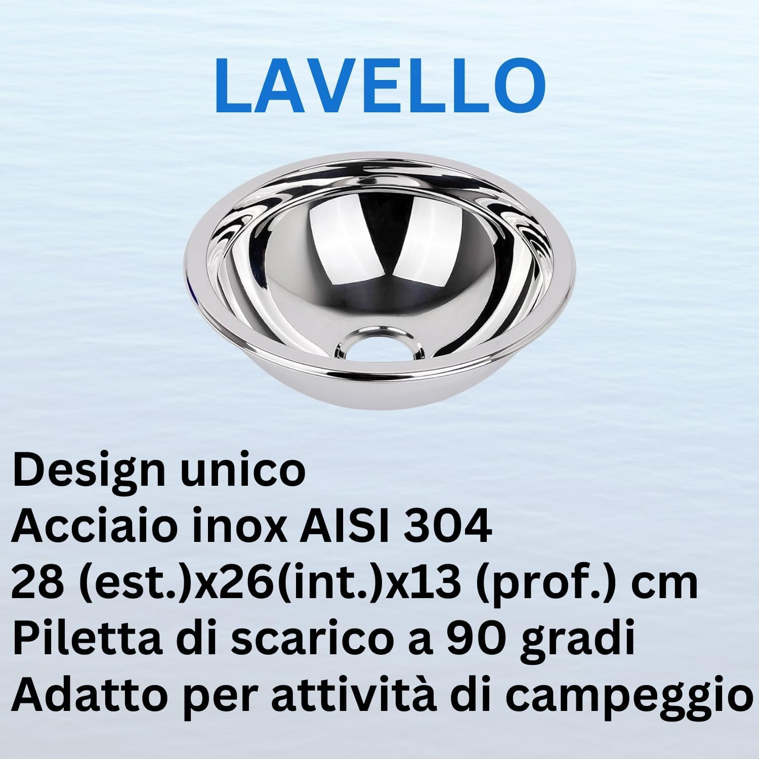 Lavello rotondo in acciaio inox per roulotte, 260 mm, profondità 130 mm