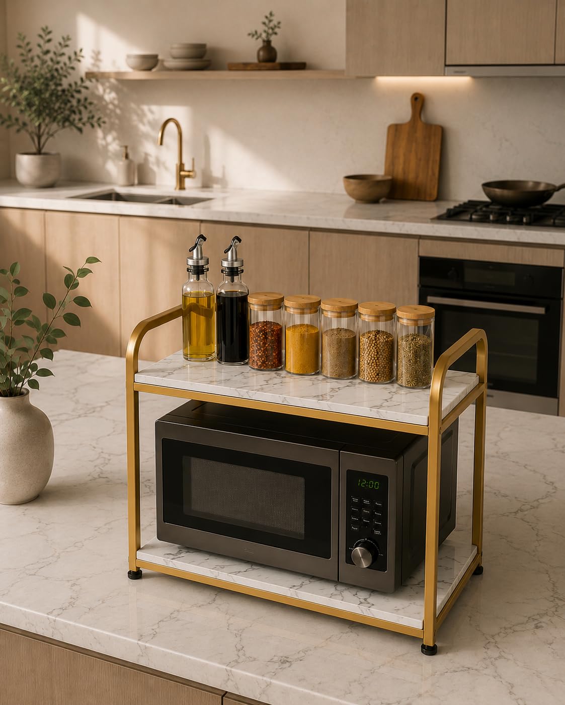 Multi-Tier Heavy Duty Microwave Stand, Metal Kitchen Shelf Countertop Organizer, Holds Up to 200 lbs, Space Saving Microwave Oven Rack for Kitchen Storage(2 Tier) (Golden White)-image-1