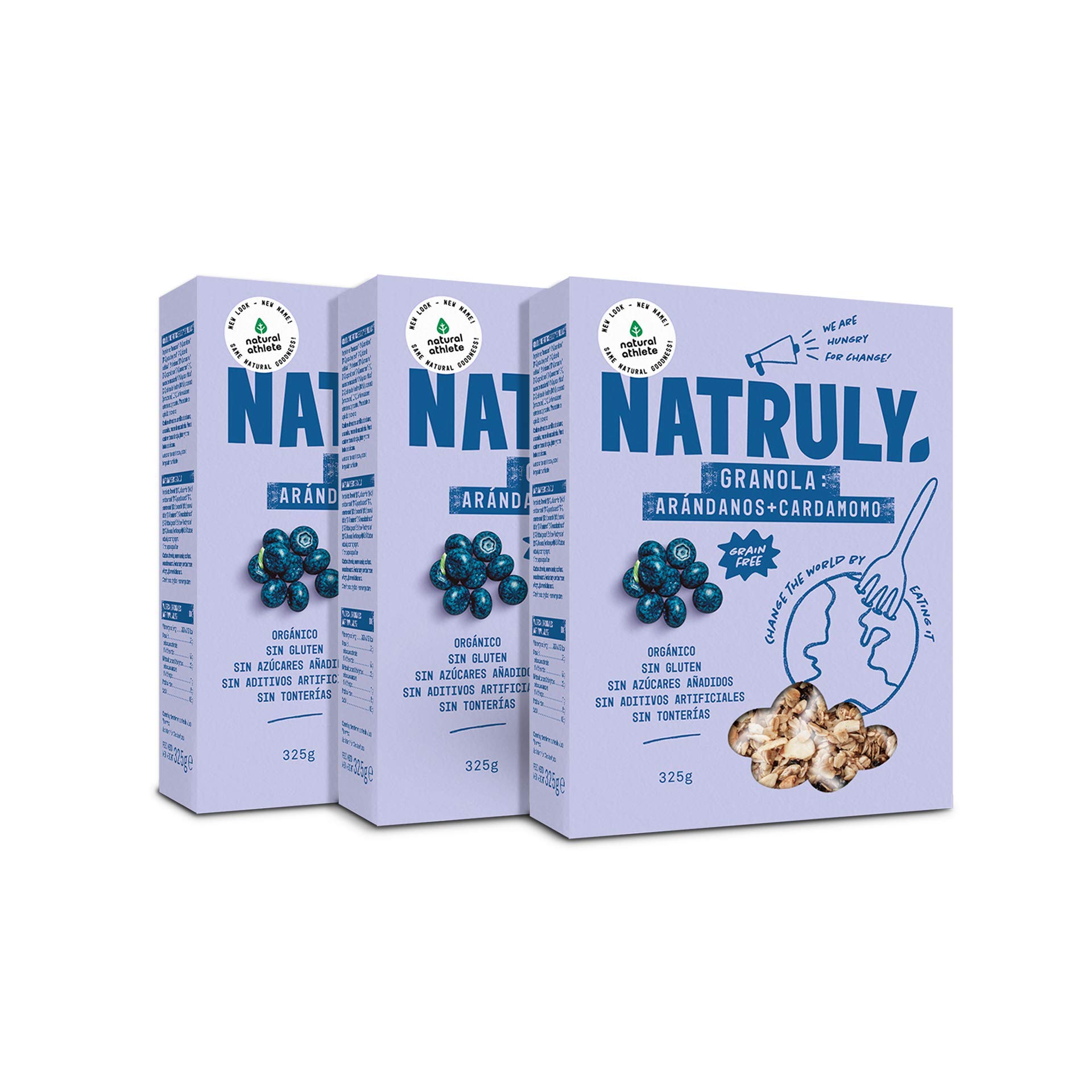 NATRULY Granola BIO de Frutos Secos y Semillas Sin Cereales, Sin Gluten y Sin Azúcar Refinado, Vegana, Sabor Arándanos -Pack3x325g