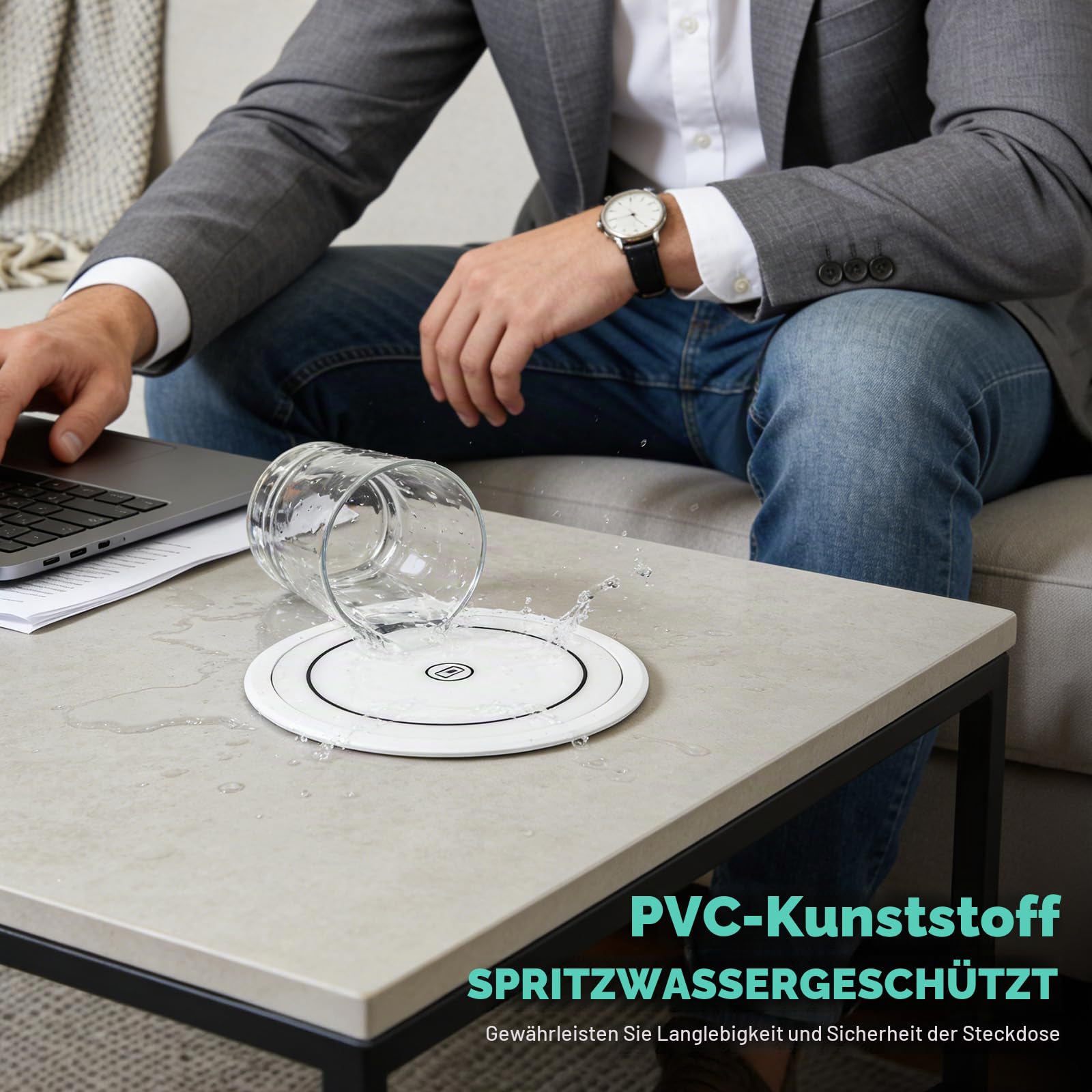 Versenkbare Steckdose mit USB C PD 75W, 8-in-1 Einbausteckdose mit 15W Kabelloses Ladegerät, 4 Fach Versenkbare Tischsteckdose für Arbeitsplatte Küche, 1,5M Kabel, D 115MM