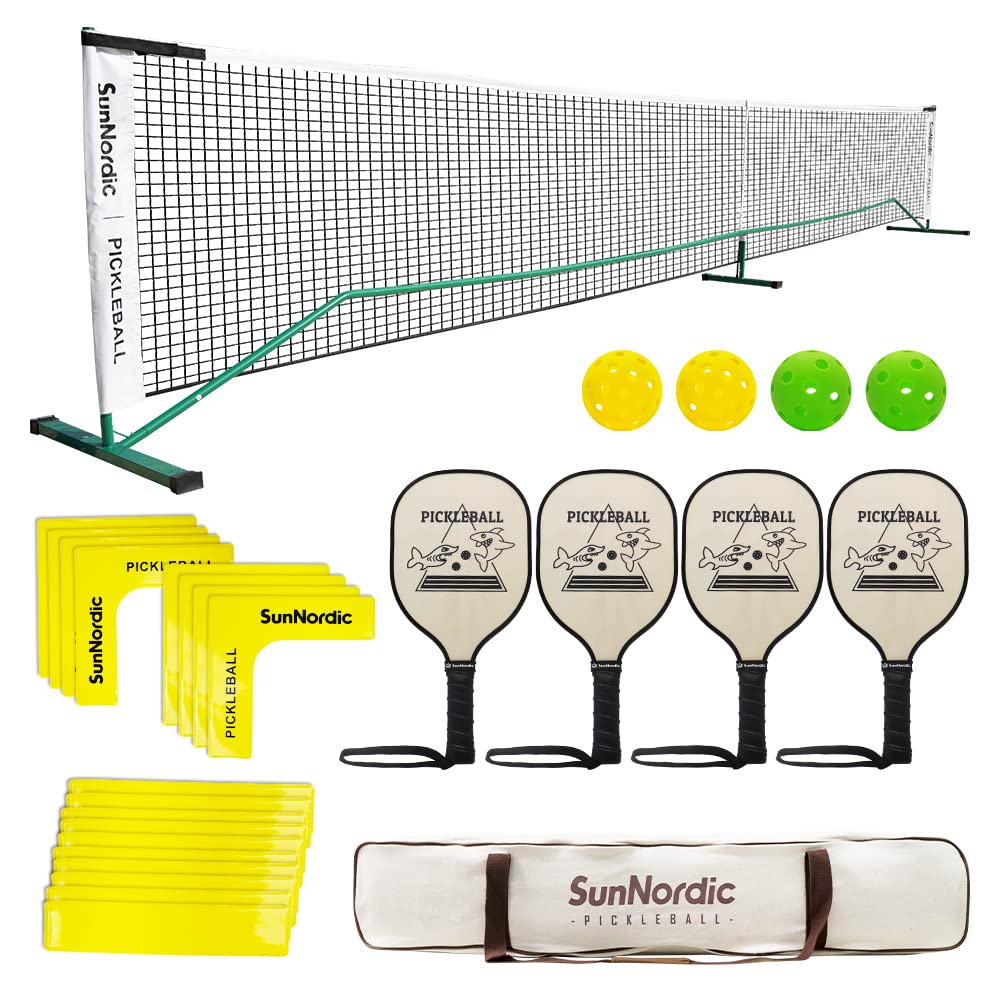 SunNordic13/22FT Portable Pickleball Net System, Regulation Size Polyester Pickleball Net with Metal Frame, Carrying Bag, 4xWooden Paddles & Pickleballs for All Weather Conditions Outdoor & Indoor