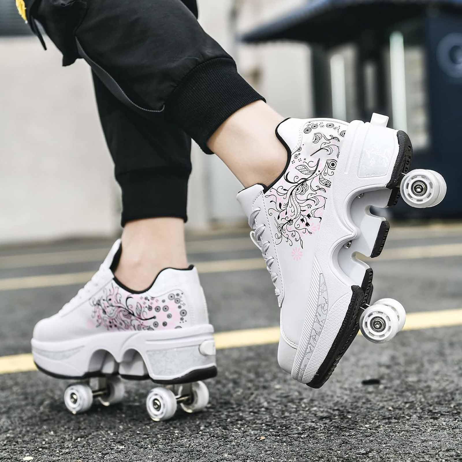 Rollschuhschuhe für Herren und Damen, 2-in-1, zweireihig, Deform-Rollschuhe, Jungen und Mädchen, Turnschuhe mit abnehmbaren Rädern, für drinnen und draußen