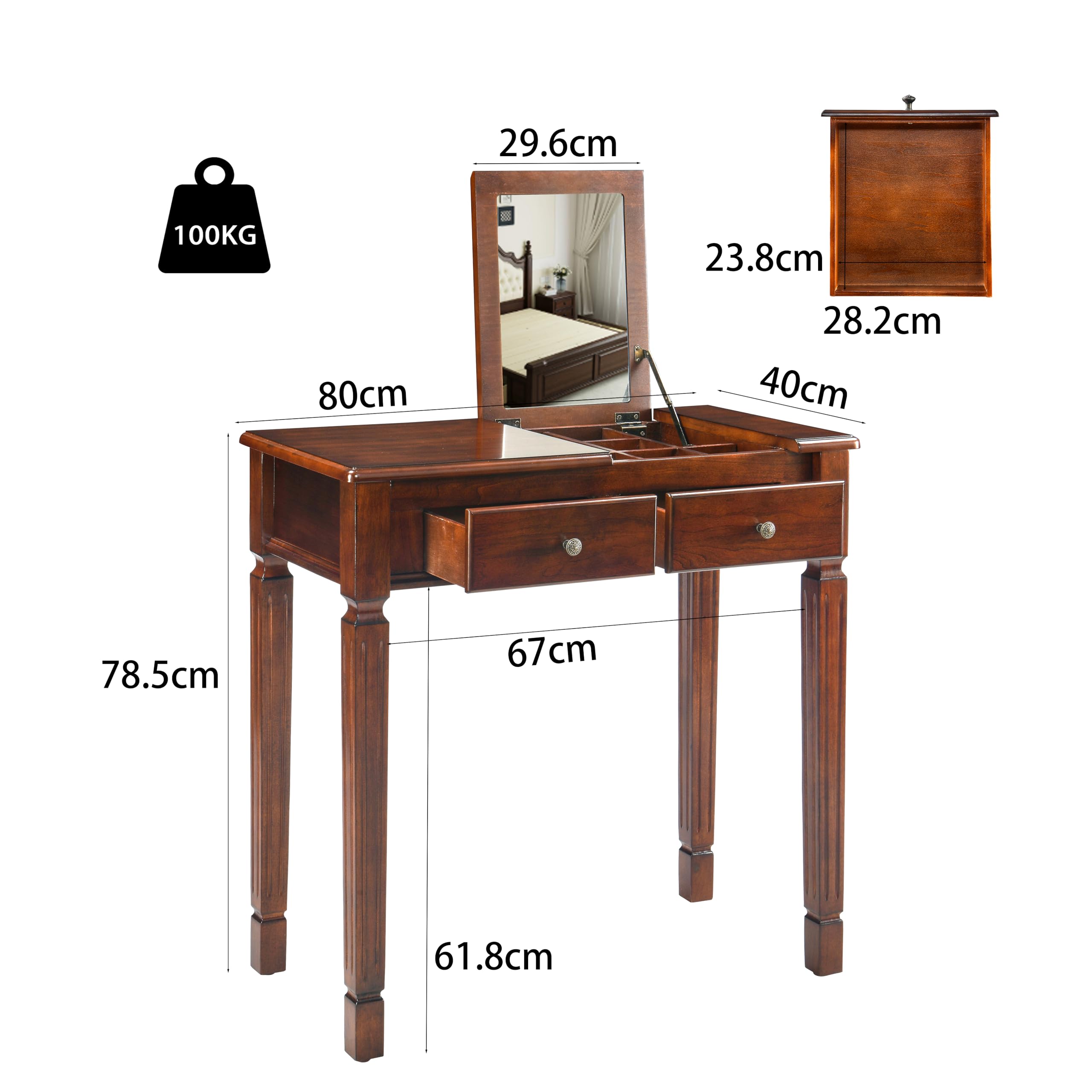 Kleiner Schminktisch mit klappbarem Spiegel und versteckten Stauraumfächern, Holz-Computer-/Schreibtisch mit 2 Schubladen, einfach zu montierender Frisiertisch Schlafzimmer, Dunkelkirschrot SZT-D0036