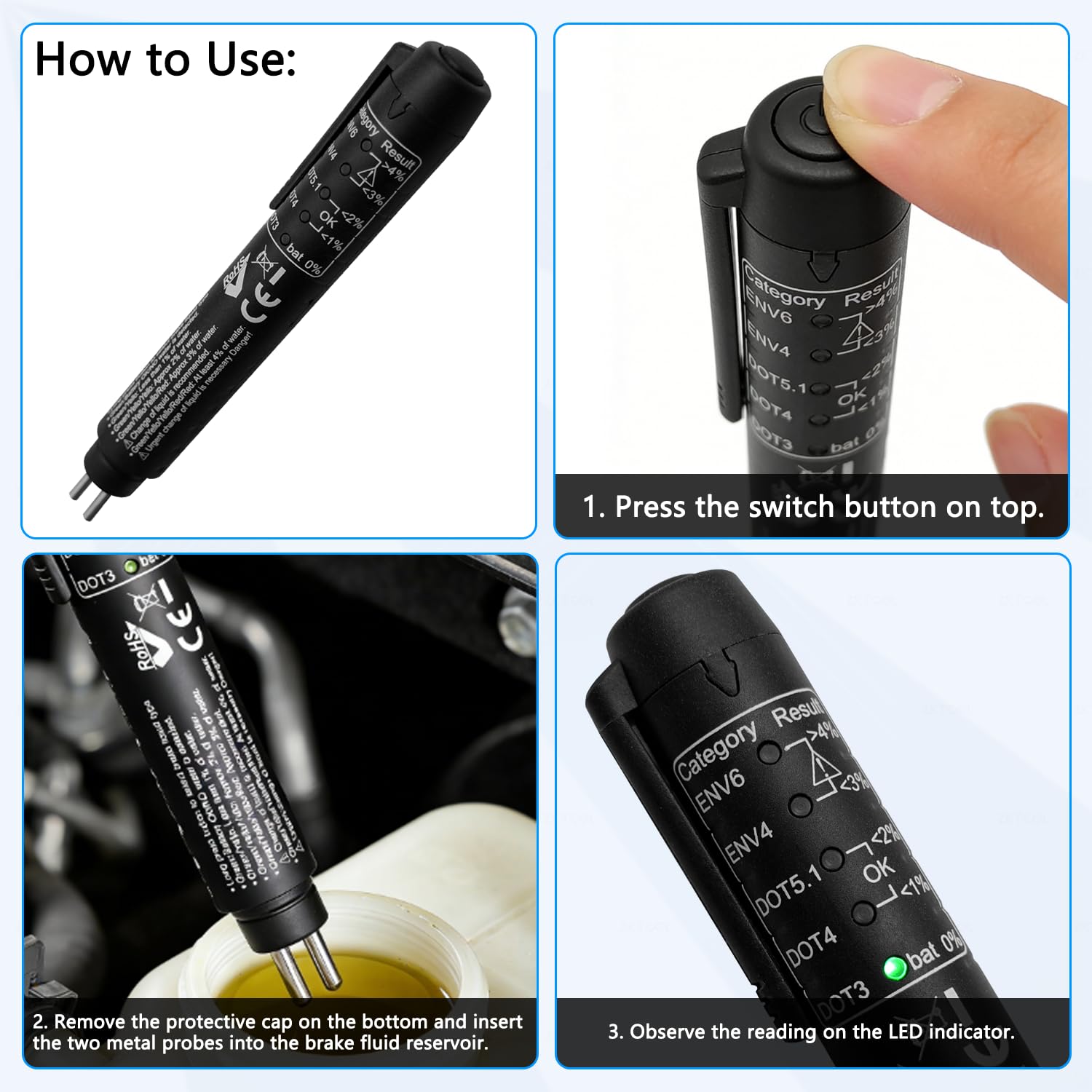 ZKTOOL Universale Tester Liquido Freni DOT3 DOT4 DOT5 ENV4 ENV6 Penna Test Qualità Olio Freni 5 LED Igrometro