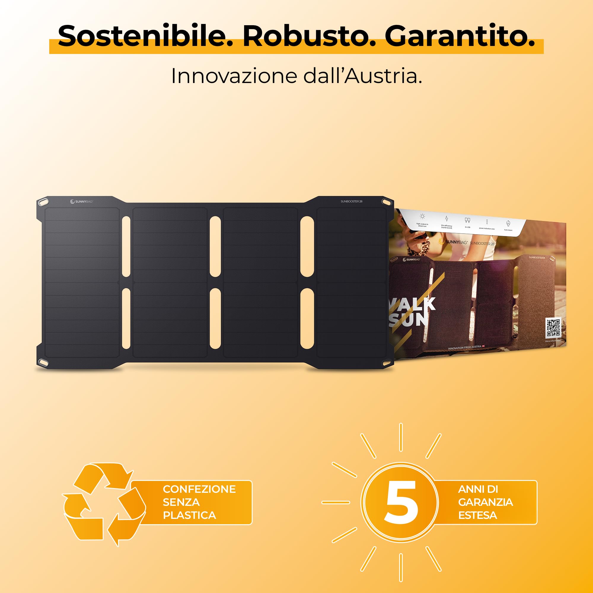 Sunnybag SUNBOOSTER 28 | Caricatore solare portatile da 28 Watt | pieghevole, efficiente, impermeabile, 2 uscite USB, cellulare, tablet, power bank in viaggio, per attività all'aperto, escursioni,