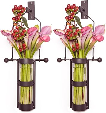 Danya B. QB102-2 Modern Home Decor - Wall Mount Hanging Glass Cylinder Vase Set with Metal Cradle and Hook