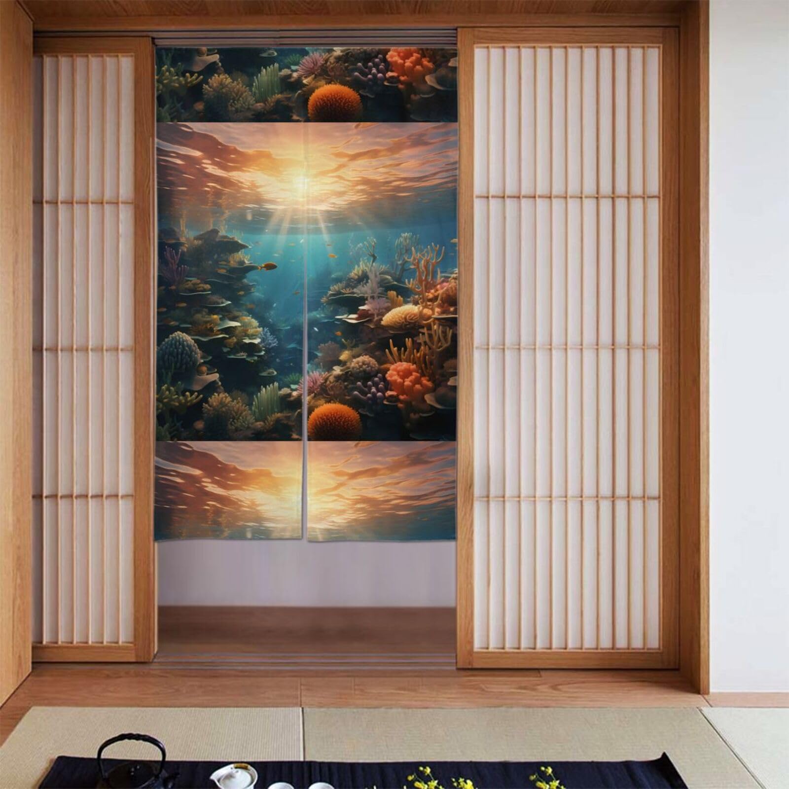 Cortina de partición decorativa de 86 x 142 cm tipo noren con diseño de peces