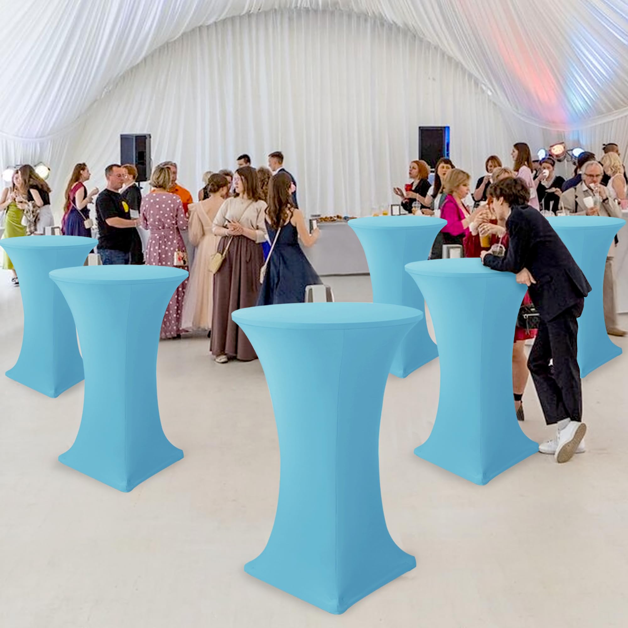 REWOMC 6 Packs Round Cocktail Table Skirt 32\"x 43\" Spandex Stretch Cocktail Tablecloth With Wavy Drapes, Royal Blue Spandex Fitted High Top Table Covers For Wedding Bar Party Birthday Banquet Tables