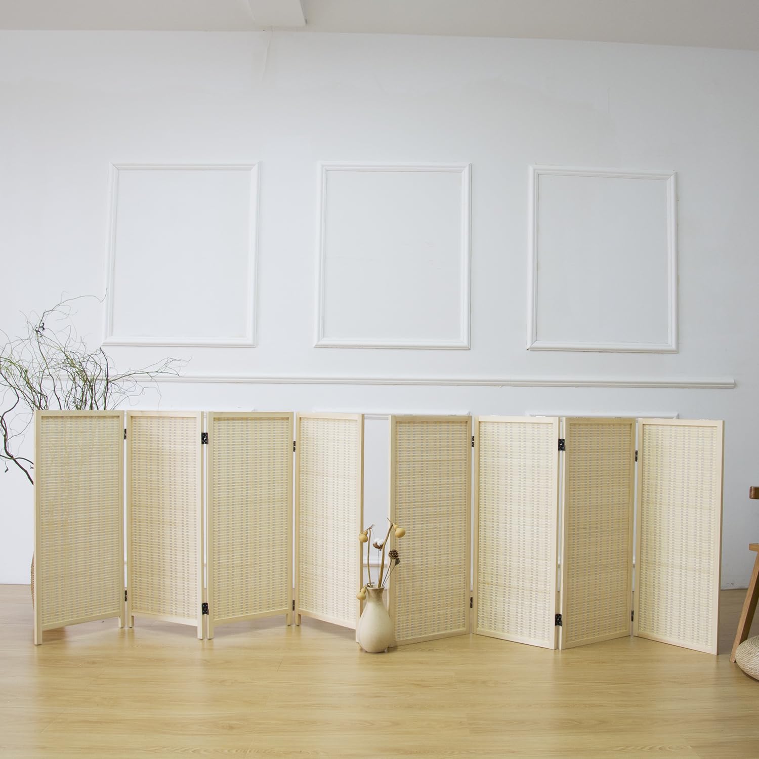Furnnylane Cloison de séparation de pièce à 4 panneaux et paravent pliable, séparateur de pièce 2 en 1 en bambou amovible et pliable pour séparation de pièce, beige, 170,2 x 156 cm (H x l)