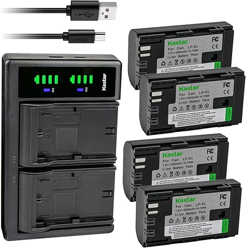 Kastar LP-EL - Batería recargable de 4 unidades y cargador LTD2 de repuesto para batería de iones de litio Canon LP-EL, batería Canon 4307C002, luz