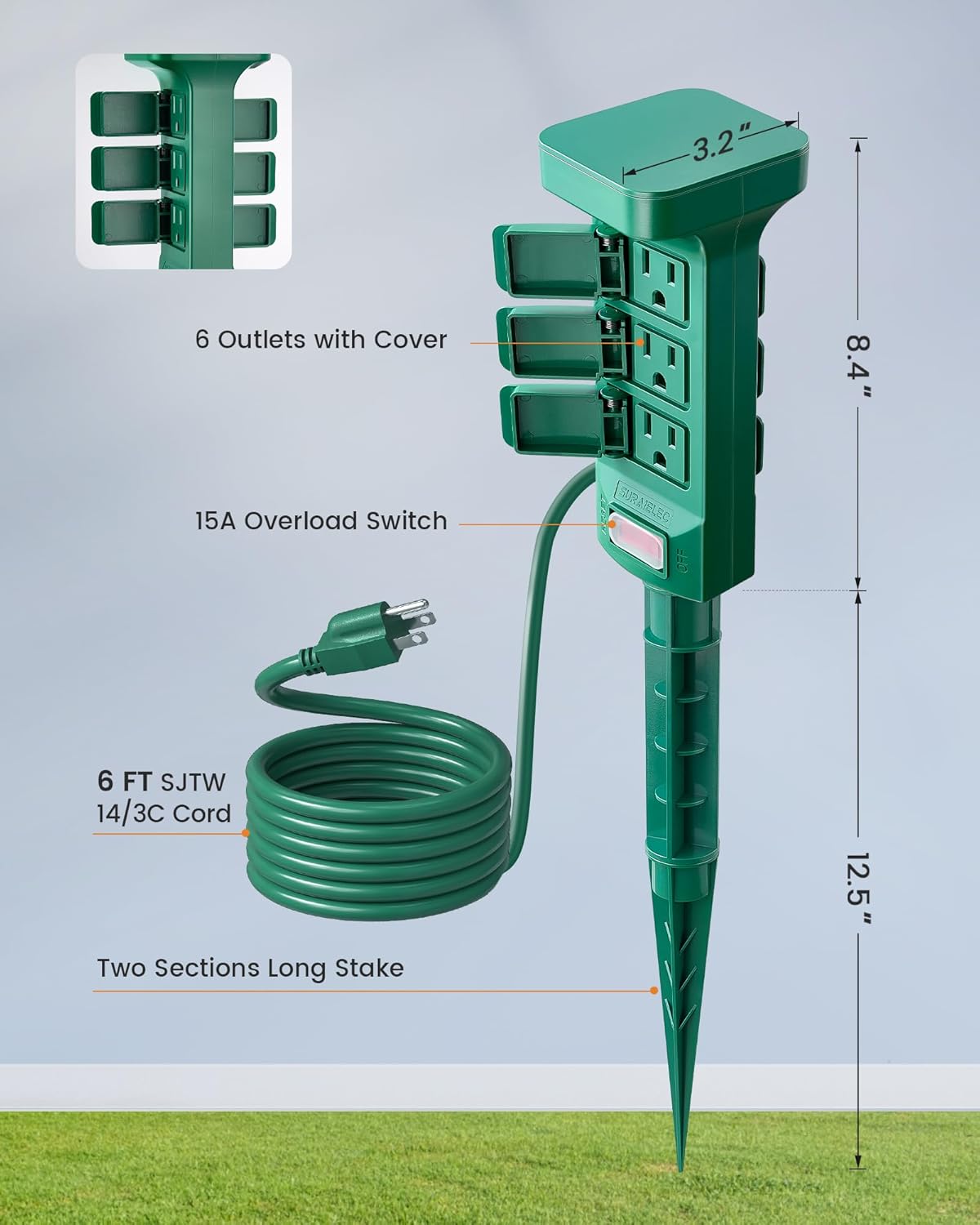SURAIELEC Outdoor Power Stake Waterproof, 6 Grounded Outlets Power Strip Weatherproof, 6FT Extension Cord Outlet for Yard, Garden, Christmas Decoration, Patio, Outdoor Light, 1875W/15A, Green