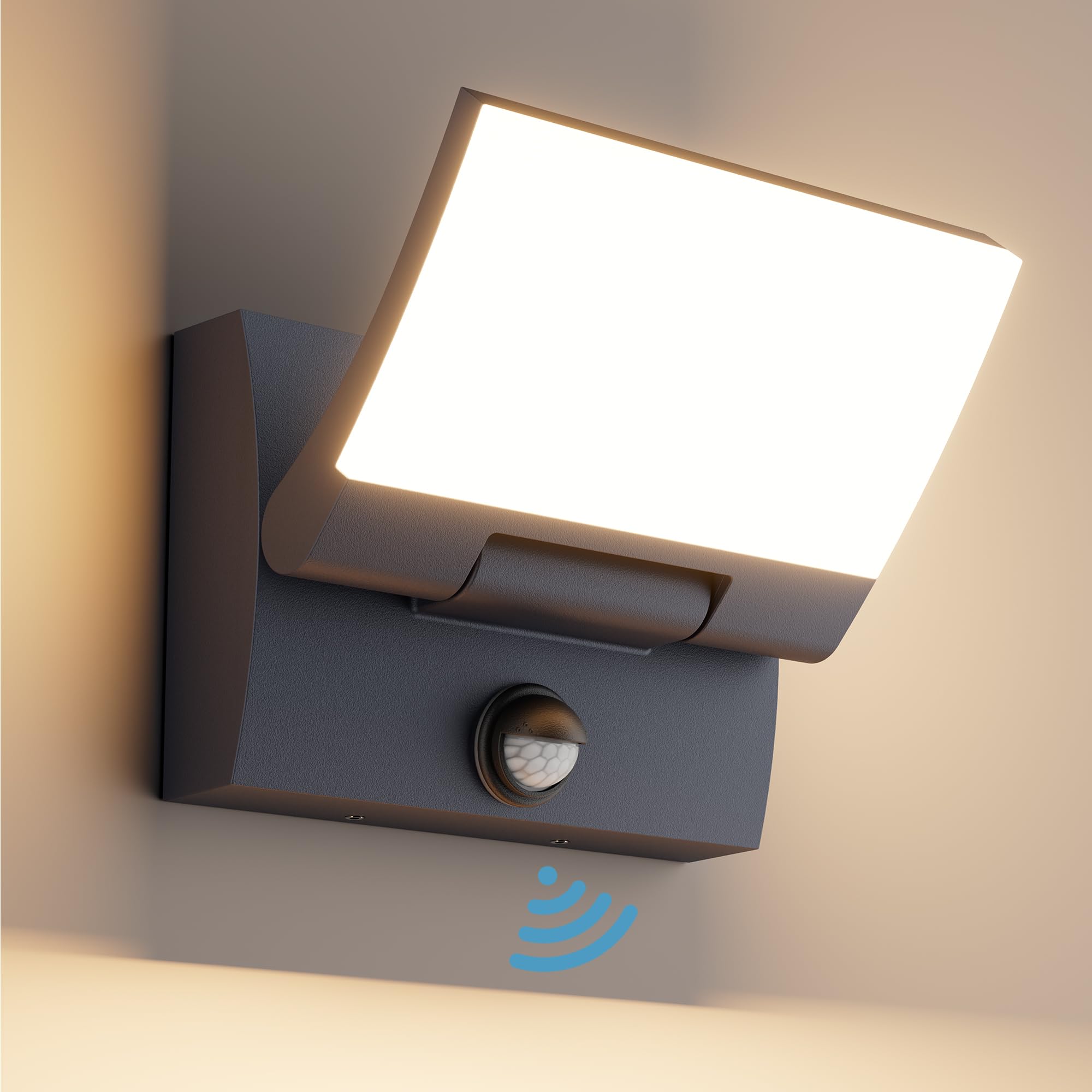 K-Bright 30W Lampa naścienna zewnętrzna/wewnętrzna LED z czujnikiem ruchu Antracyt Lampa zewnętrzna IP65 3000K z obrotowym akrylowym panelem 150° do ogrodu, tarasu, wejścia