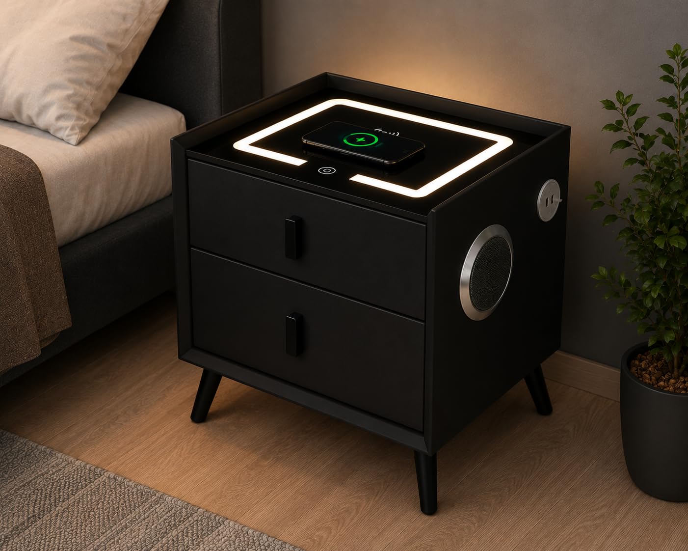 Comodino Smart con Ricarica Wireless, Bluetooth Audio, Luce LED, 2 Porte USB e 2 Cassetti, Tavolino da Camera Moderno 50x40x45 cm (Nero)