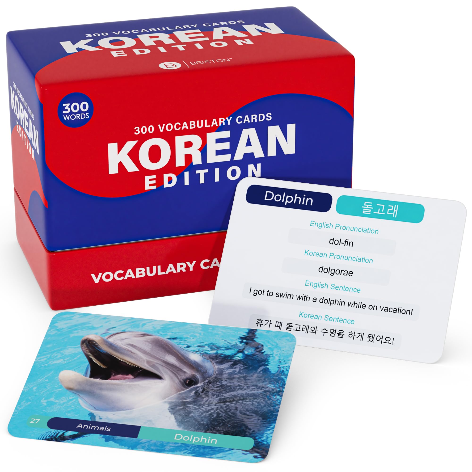 Briston Korean 300 Vocabulary Hangul Flash Cards - Educational Language Learning Resource Vocab with Pictures for Memory & Sight Words - Fun Game Play - Grade School, Classroom, or Homeschool Supply