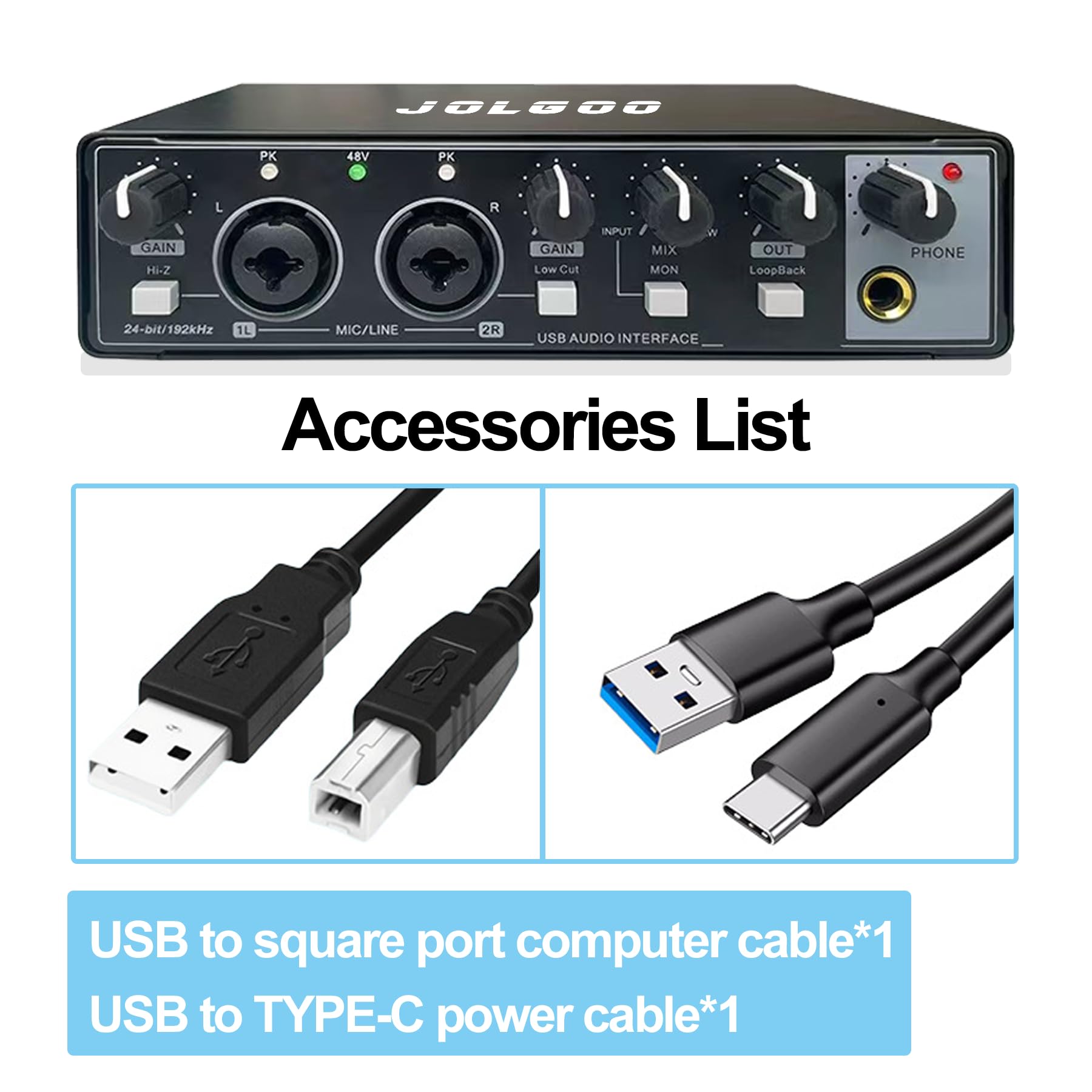 Interface audio USB pour l'enregistrement de musique, 24 bits/192 kHz, interface audio Plug and Play pour PC, Mac et smartphone - Faible latence, entrée XLR/ligne, sortie casque