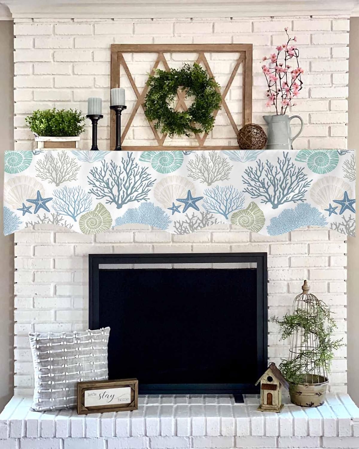 Nautical Coastal Mantle Scarf for Fireplace, Ocean Beach Seashell Starfish Themed Fireplace Cover Decorations Marine Underwater Mantel Top Scarf Runner for Home Living Room Holiday Party, 17 x 70 Inch image 3