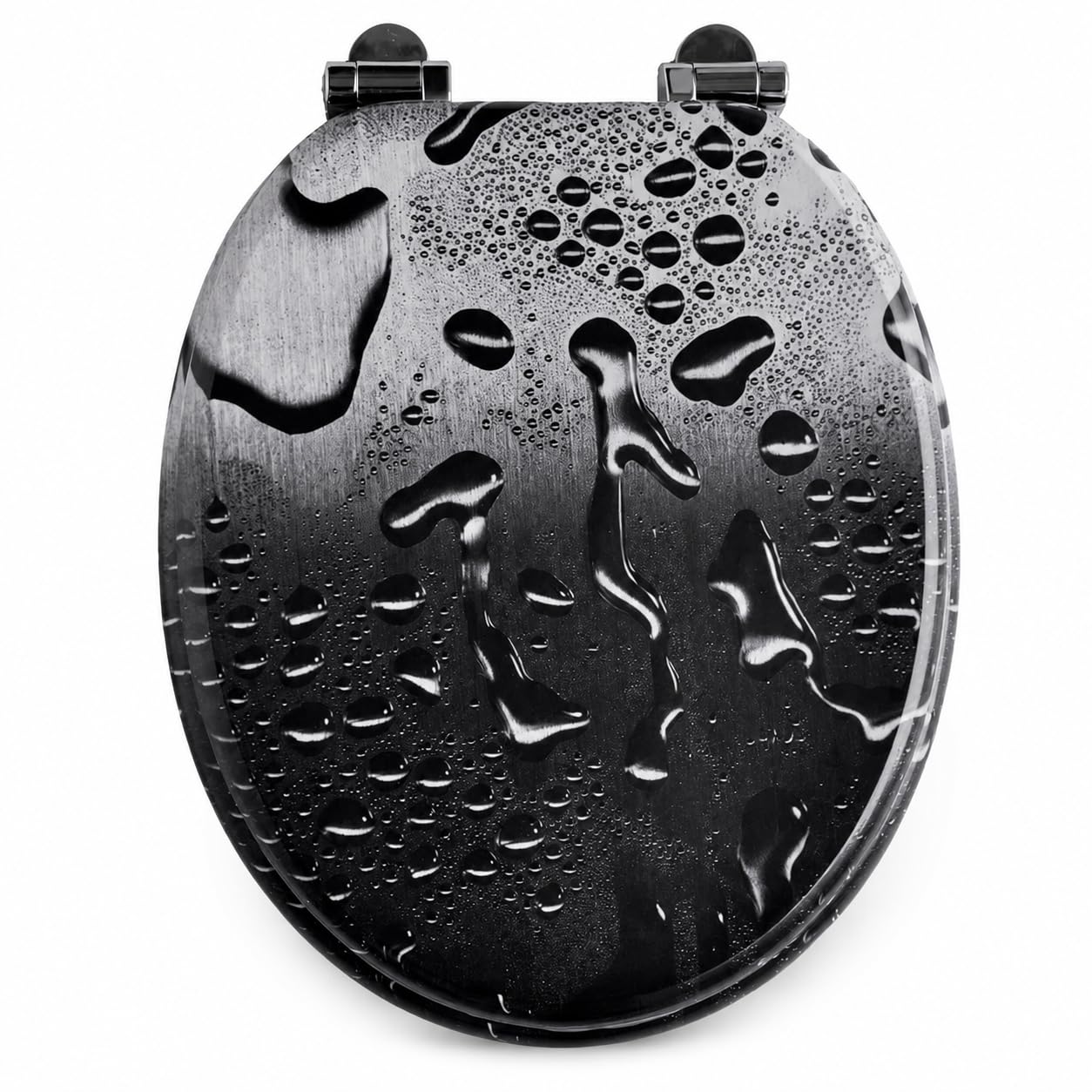 18 Inch Universal MDF Wooden Toilet Seat with Lid, Oval Bathroom WC Replacement Seat with Solid Zinc Alloy Hinges and Fittings, Easy Clean Smooth Surface. Design:, Black Water Droplets