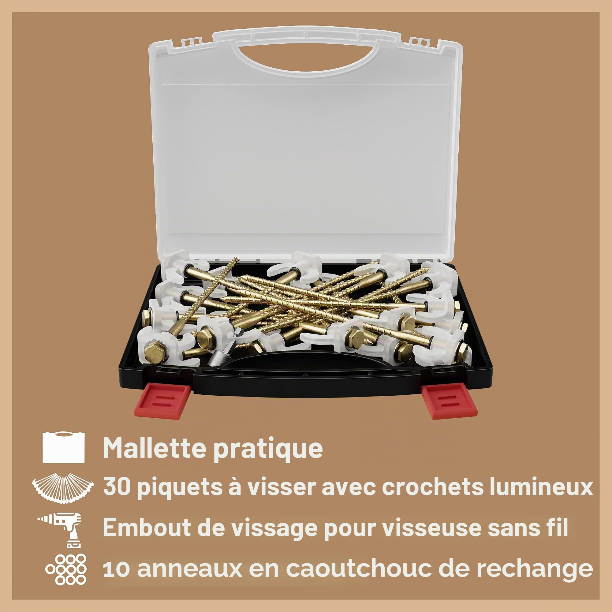 Set de 30 Piquets de Tente à Vis Robustes avec Coffret – Piquets Spirales pour Sols Durs et Mous – 2 Embouts de Perçage + Douille Inclus – Idéal pour Tentes, Abris, Bâches et Auvants