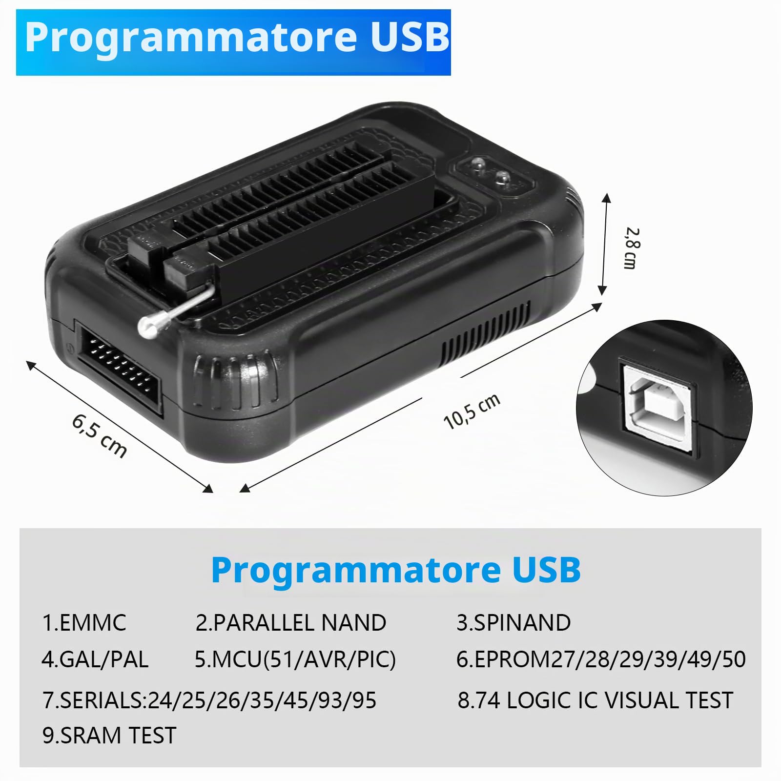 Programmatore universale USB T48 Mini Pro con 10 adattatori, SOP8 a DIP8, per SPI/Nor/NAND Flash/EMMC/IC Tester eprom Programmer con porta ICSP