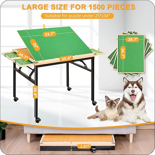 Miniatura 2 de BittPicc Mesa de rompecabezas con cajones, mesa de rompecabezas de 1500 piezas con patas y ruedas, mesas plegables e inclinables para adultos, mesa