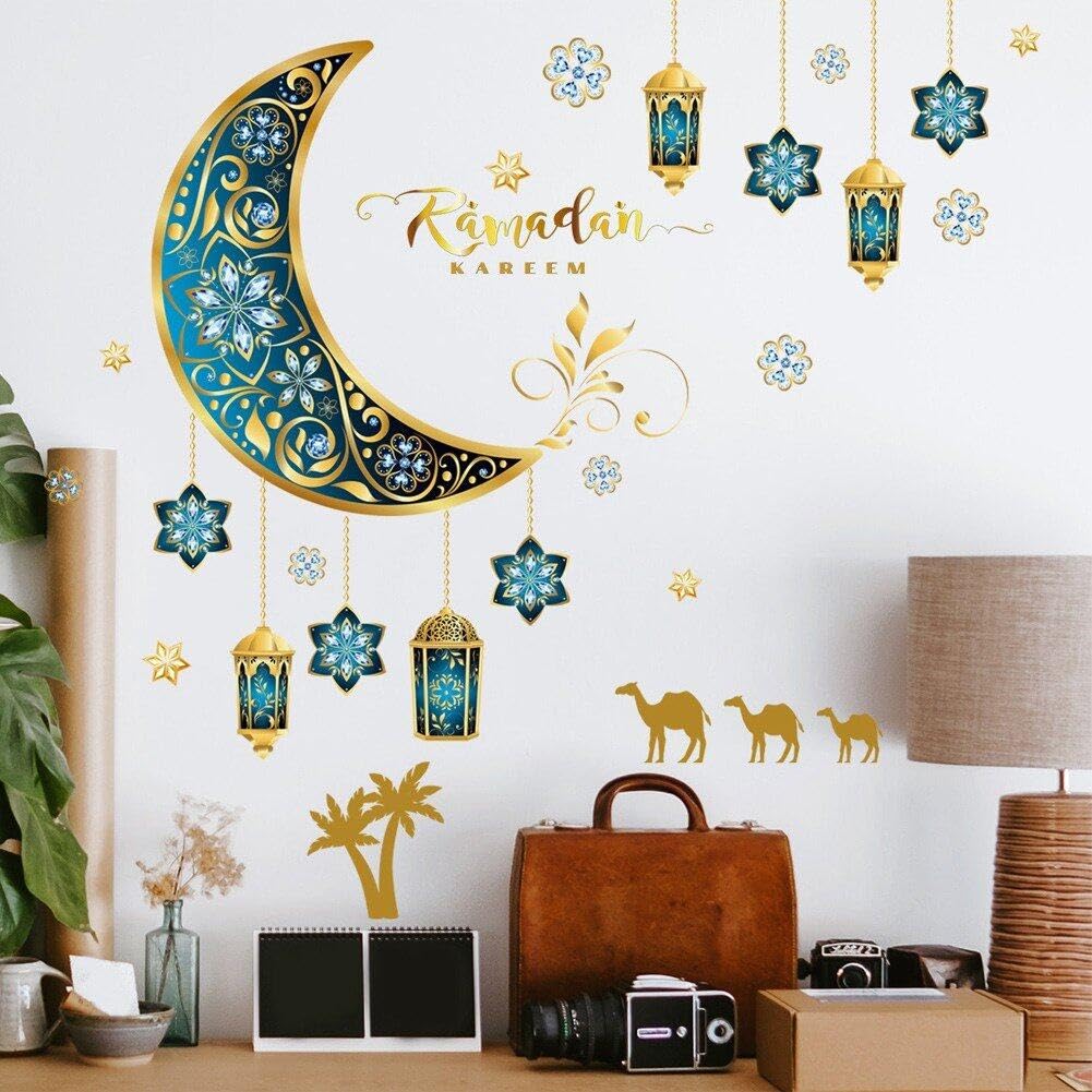 Sanfly Style 2 Eid Mubarak Wall Sticker Ramadan Window Decoration Adha Moon Lantern Pattern Wall Stickers Diy Window Clings For Home