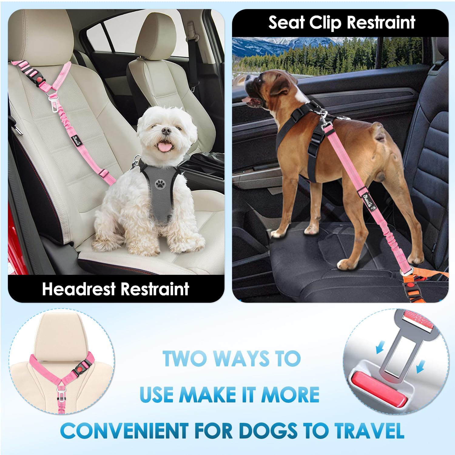 Lukovee Dog Seatbelt Leash for Cars, 2 Pack Pet Safety Seat Belt with Adjustable Buckle & Reflective Bungee, Connect Dog Harness in Vehicle Dogs Restraint Travel Daily Use (Pink) - image 7