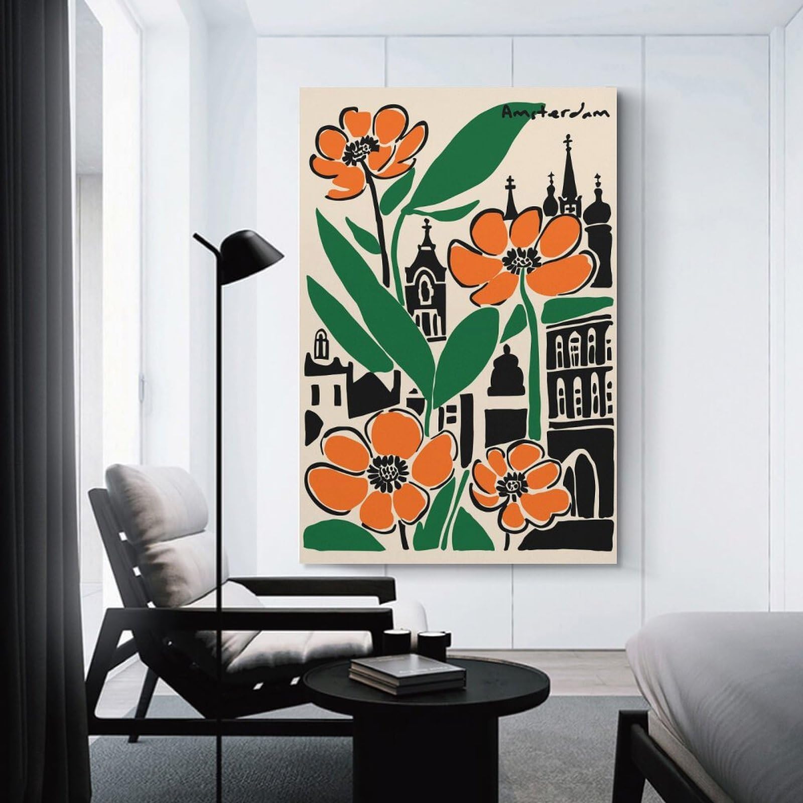 Junmoney Amsterdam Flowers And Buildings Illustration Wall Picture Print 24x36inch(60x90cm), for Hallway, Lounge Or Guest Room, Gift Idea for Housewarming And Birthdays