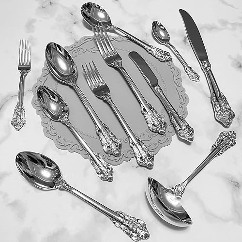 Miniatura 3 de Gugrida Cuchara de servir buffet de acero inoxidable de 4 piezas, cuchara grande, cuchara redonda, juego de cubiertos brillantes (plata pura)