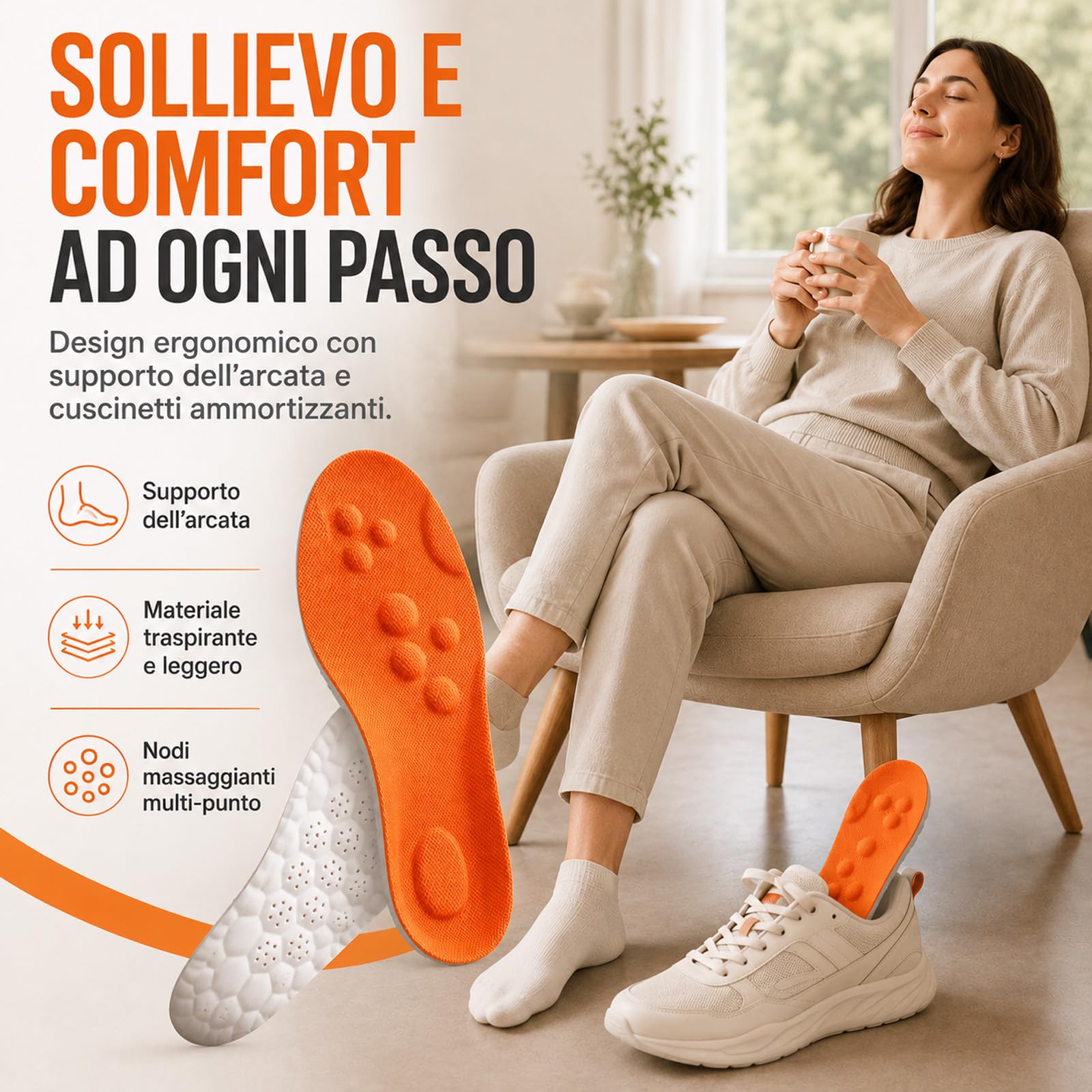 Plantari Stepvia Ortopedici Ammortizzanti, Traspiranti e Antiscivolo, Riducono Stanchezza e Dolore ai Piedi, Ginocchia e Schiena, Unisex Uomo Donna (Arancia, 43-44)