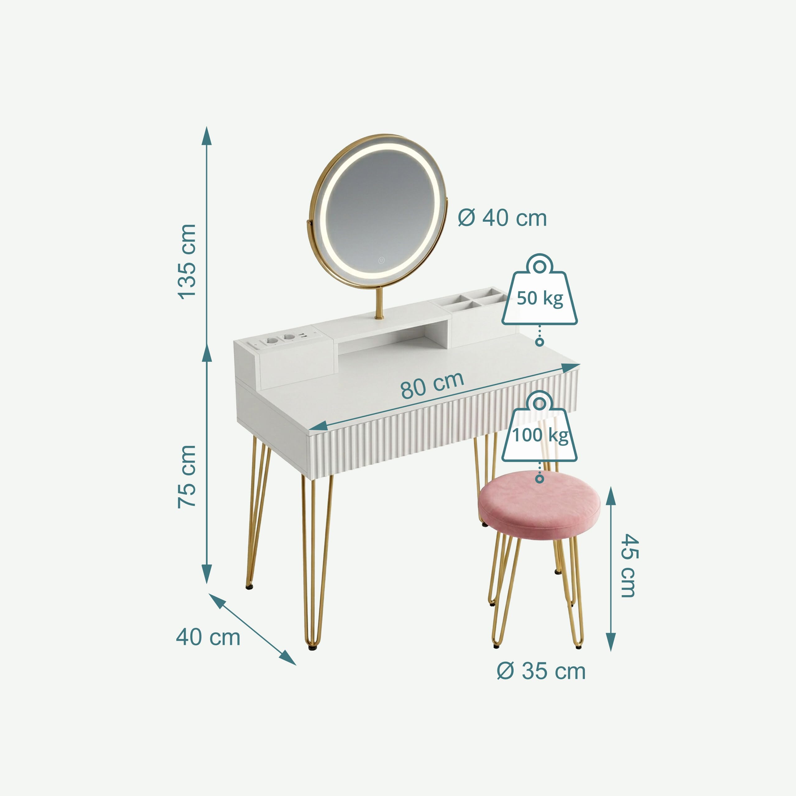 Relaxdays Tocador con Taburete, Espejo, luz, enchufes, 2 cajones, 135x80x40 cm, Blanco/Dorado