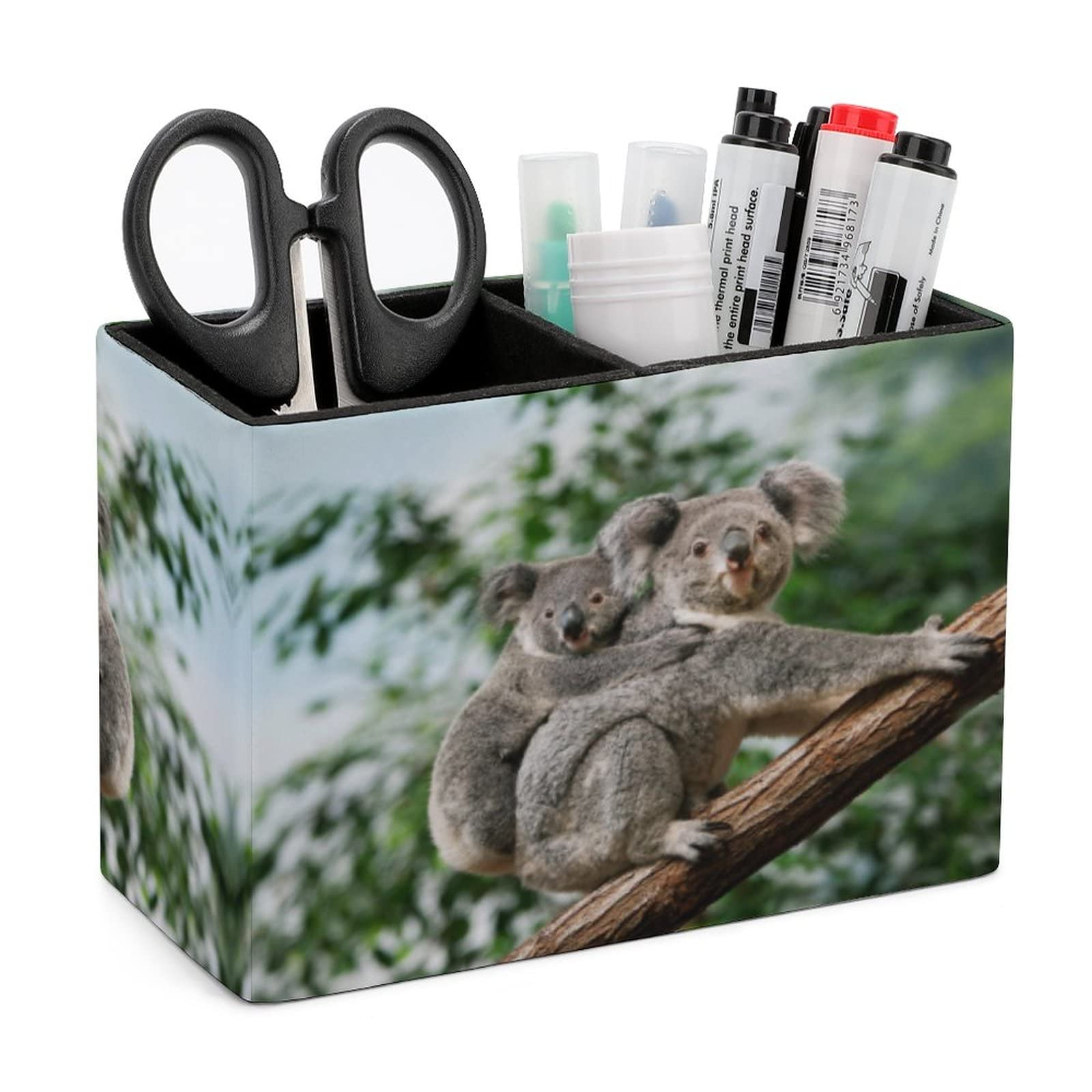 Pencil Holder for Desk, Cute Koalas Pen Holder Storage Desktop Pen Organizer Desk Pencil Organizer Makeup Brush Holder for Office School College Leather